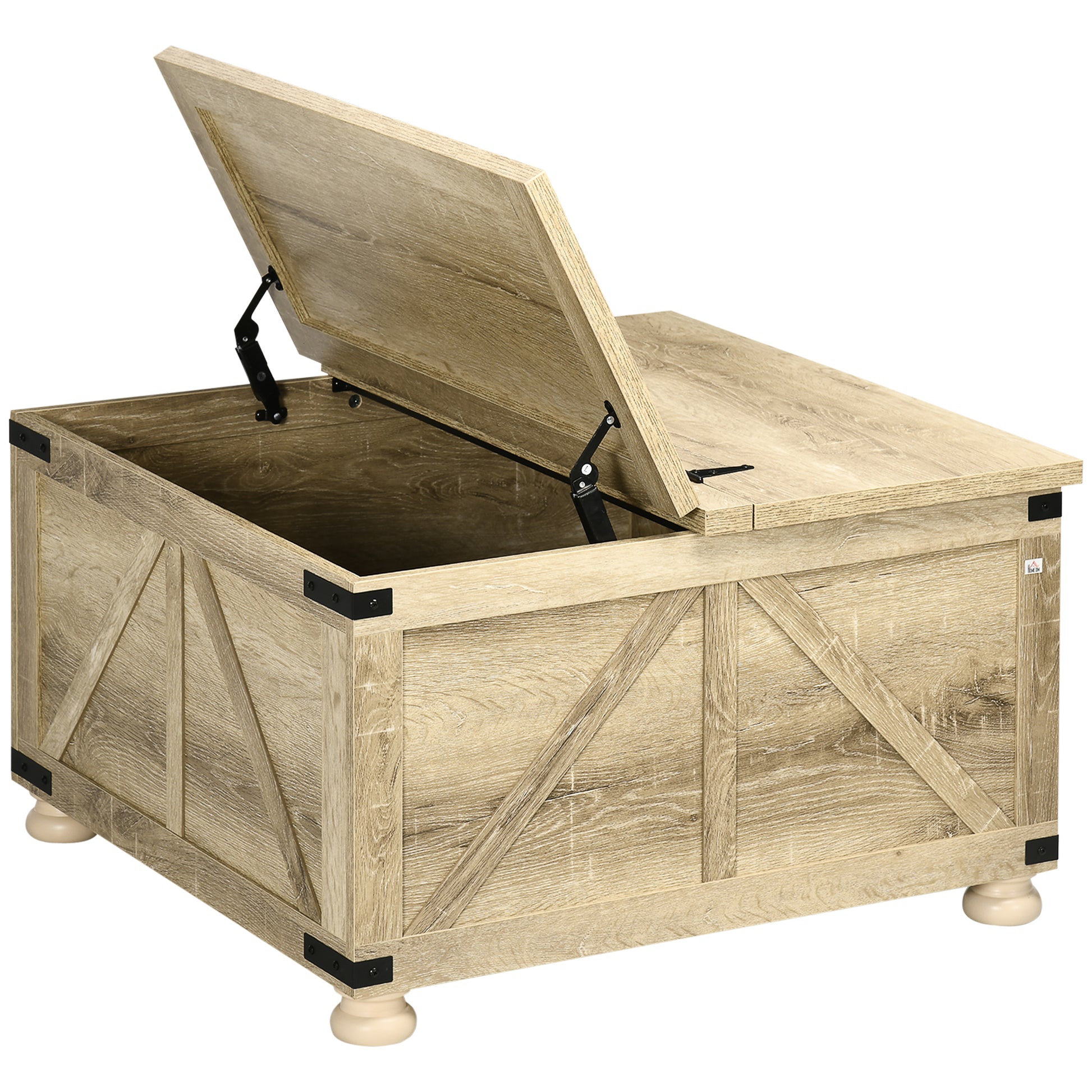 Homcom Farmhouse Coffee Table With Storage, Square Coffee Table For Living Room, Wooden Center Table With Hinged Lift Top And Hidden Space, Oak Natural Particle Board