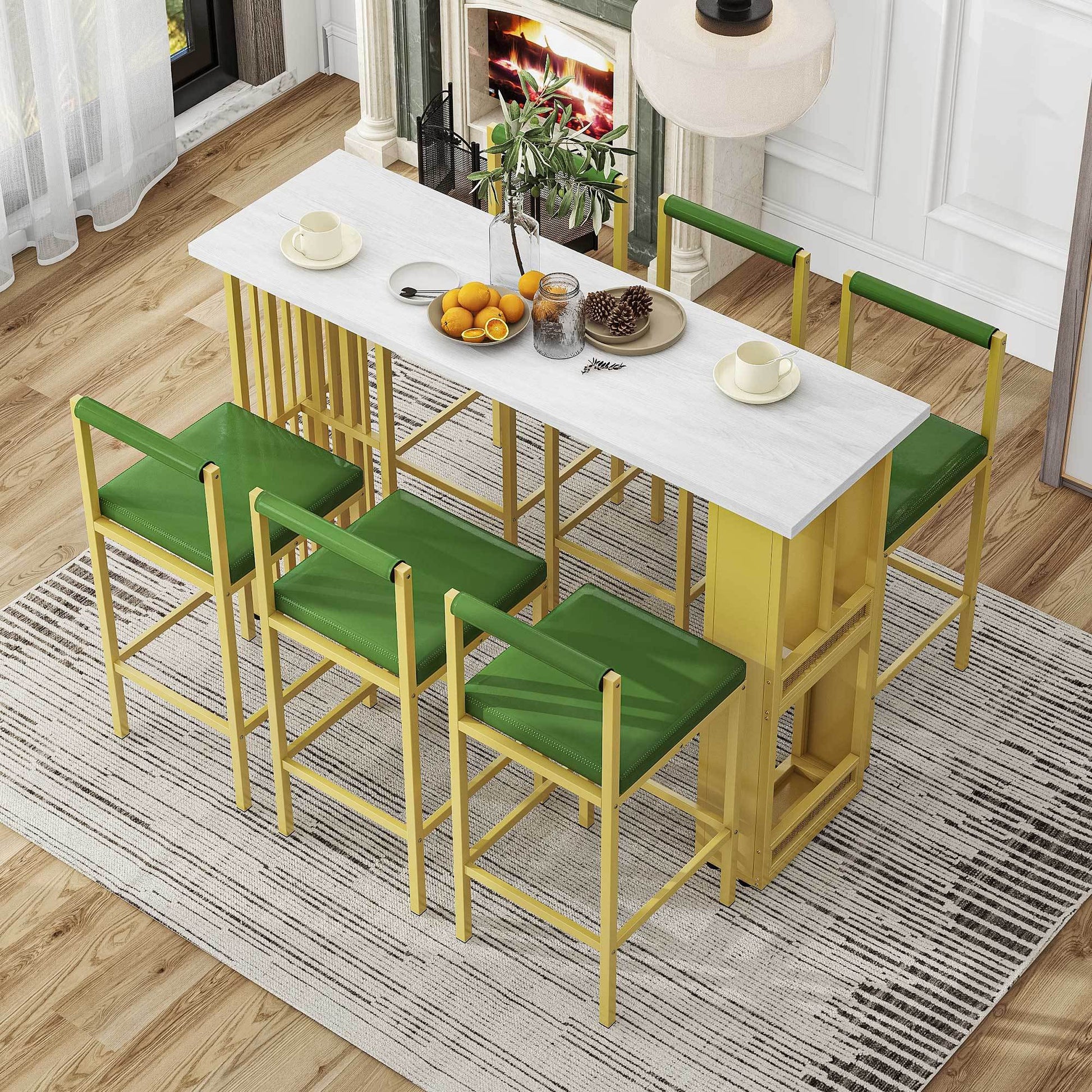 7 Piece Multi Functional Modern Counter Height Dining Bar Table Set With Open Shelves And 6 Upholstered Stools For Dining Room, Bar And Cafe White And Green White Green Mdf Metal