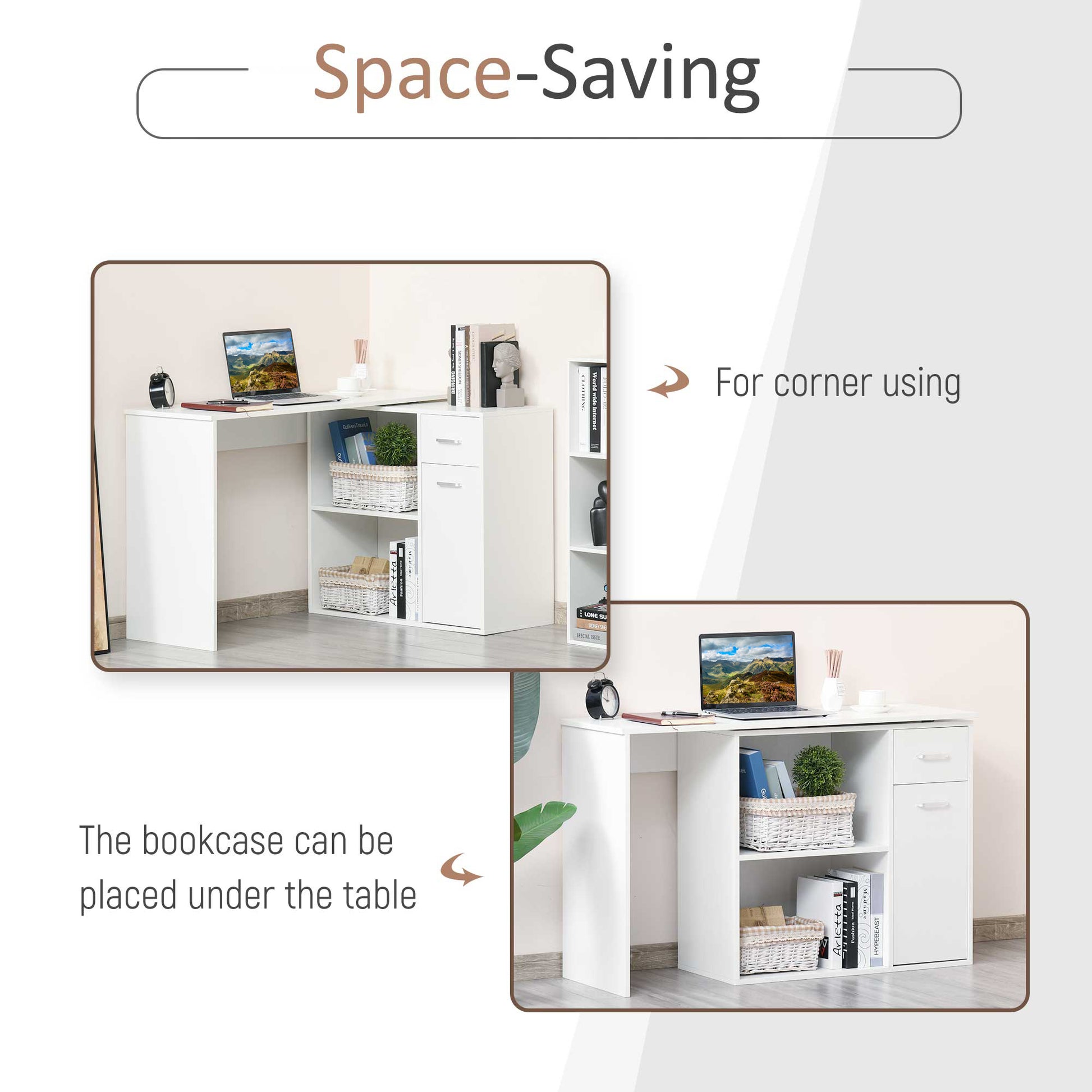 Homcom L Shaped Computer Desk, 180 Rotating Corner Desk With Storage Shelves, Drawer And Cabinet, Study Workstation For Home Office, White White Particle Board