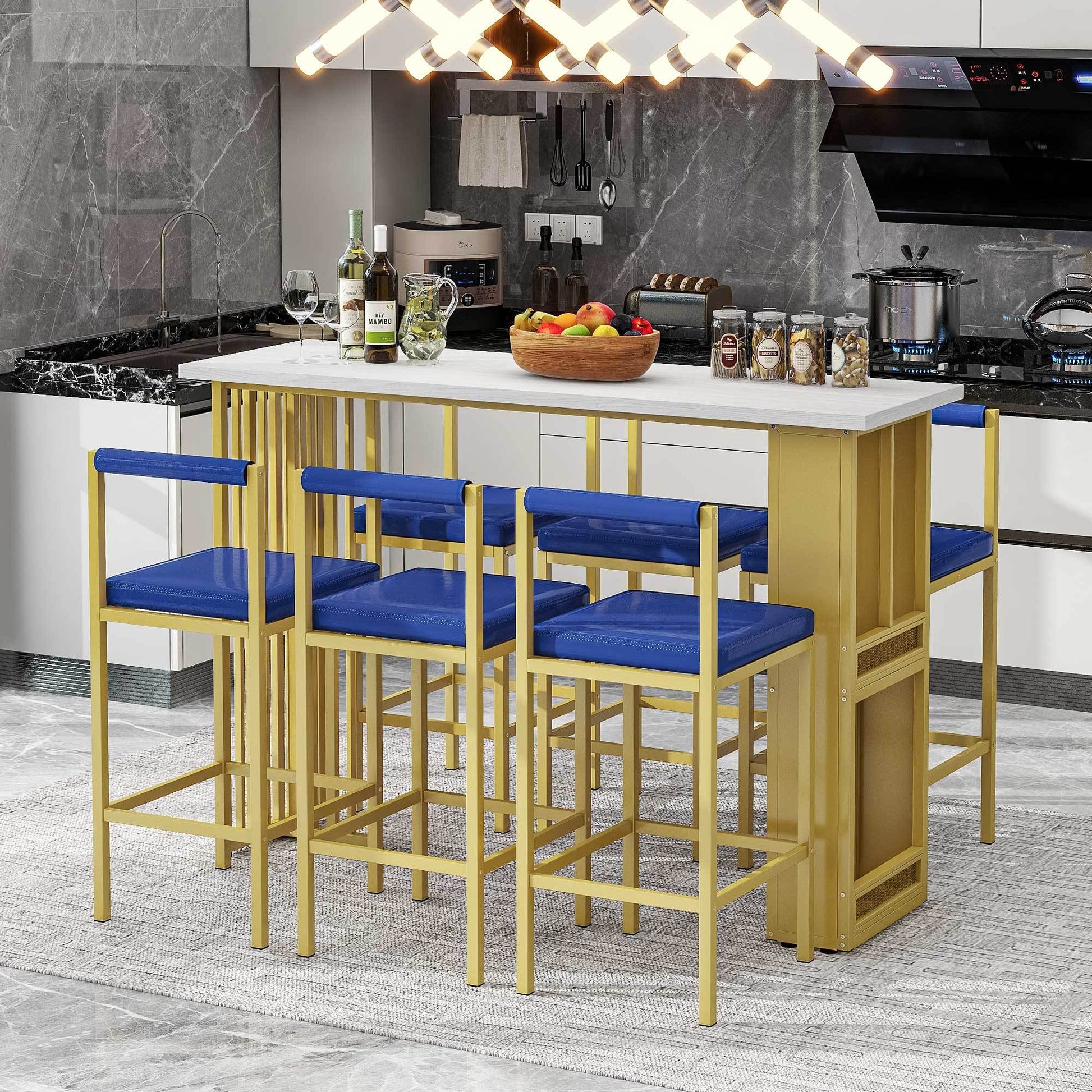 7 Piece Multi Functional Modern Counter Height Dining Bar Table Set With Open Shelves And 6 Upholstered Stools For Dining Room, Bar And Cafe White And Blue White Blue Mdf Metal