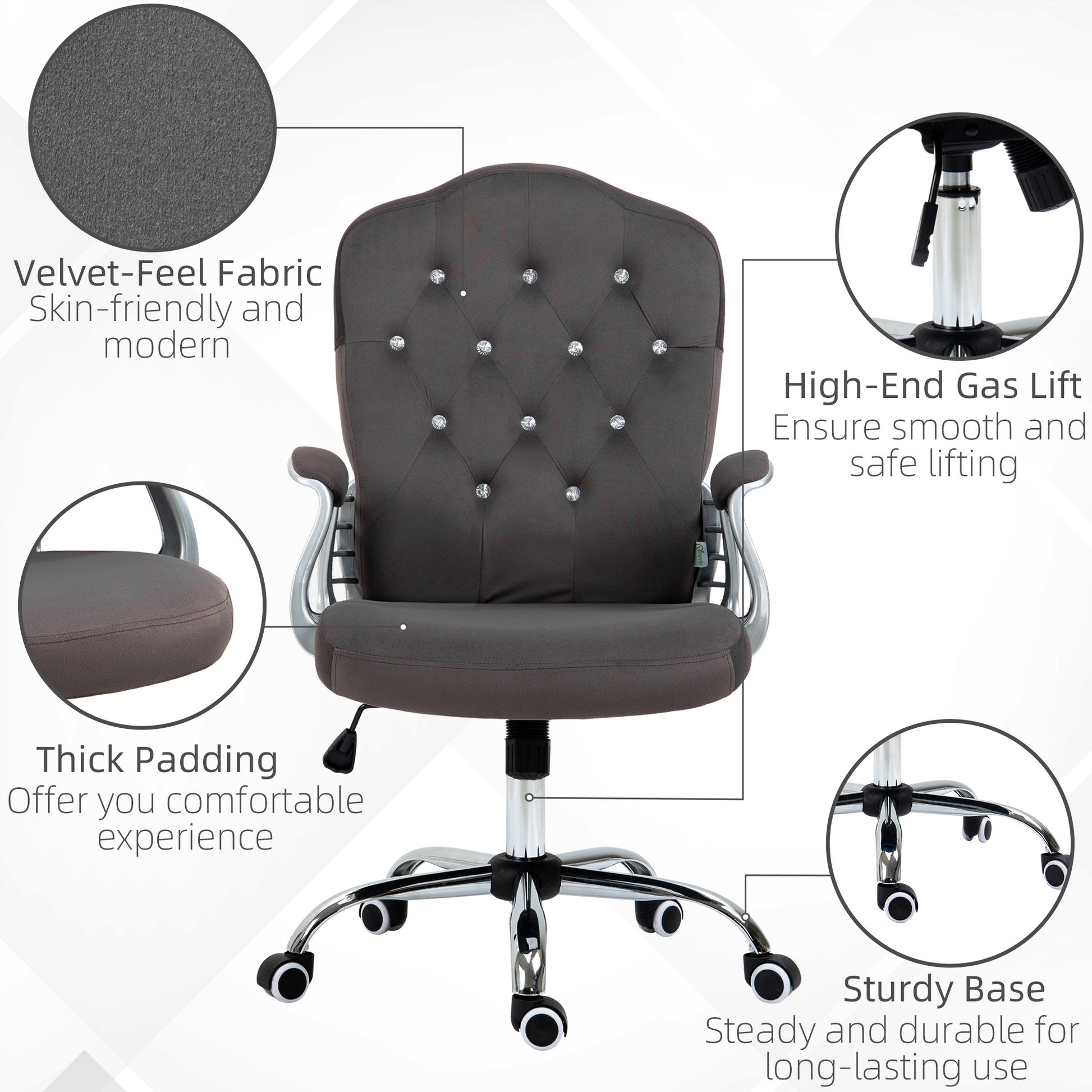 Vinsetto Home Office Chair, Velvet Computer Chair, Button Tufted Desk Chair With Swivel Wheels, Adjustable Height, And Tilt Function, Dark Gray Gray Polyester