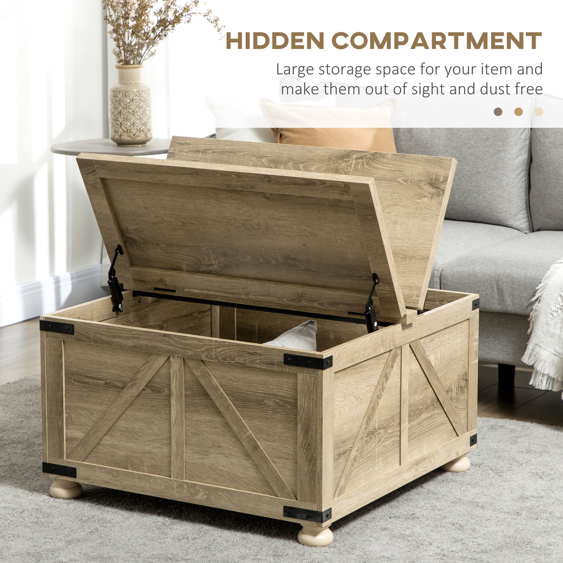 Homcom Farmhouse Coffee Table With Storage, Square Coffee Table For Living Room, Wooden Center Table With Hinged Lift Top And Hidden Space, Oak Natural Particle Board
