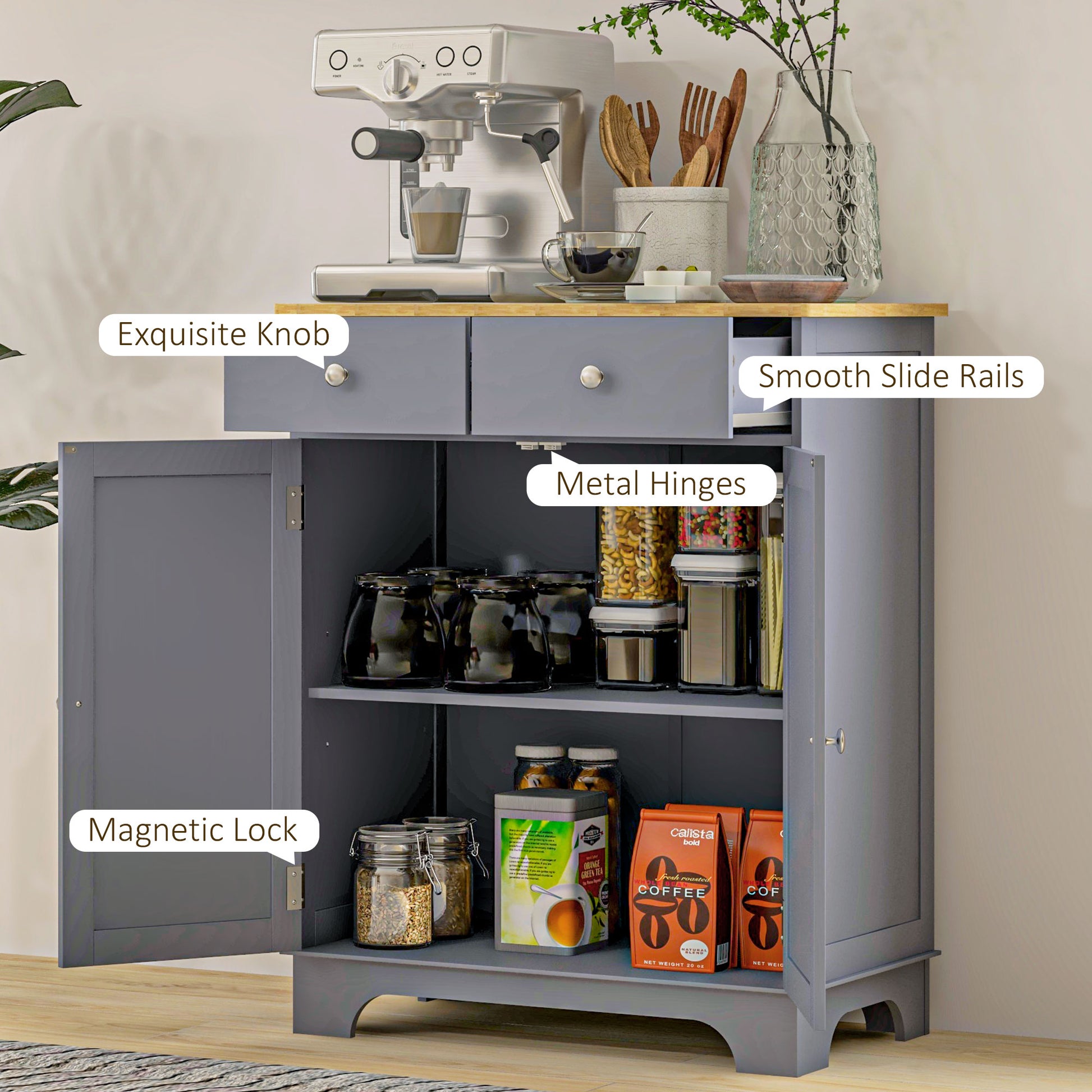 Homcom Sideboard Buffet Cabinet, Double Door Kitchen Cabinet, Coffee Bar Storage With 2 Drawers, Adjustable Shelf For Living Room And Hallway, Gray Gray Mdf