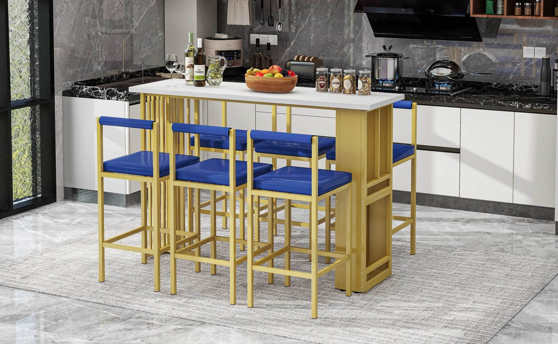 7 Piece Multi Functional Modern Counter Height Dining Bar Table Set With Open Shelves And 6 Upholstered Stools For Dining Room, Bar And Cafe White And Blue White Blue Mdf Metal