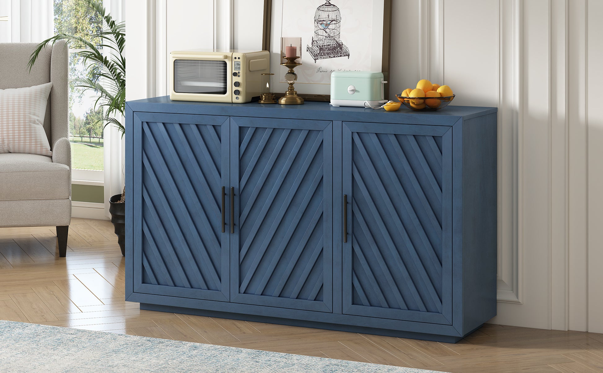 3 Door Large Storage Retro Sideboard with antique blue-solid wood+mdf