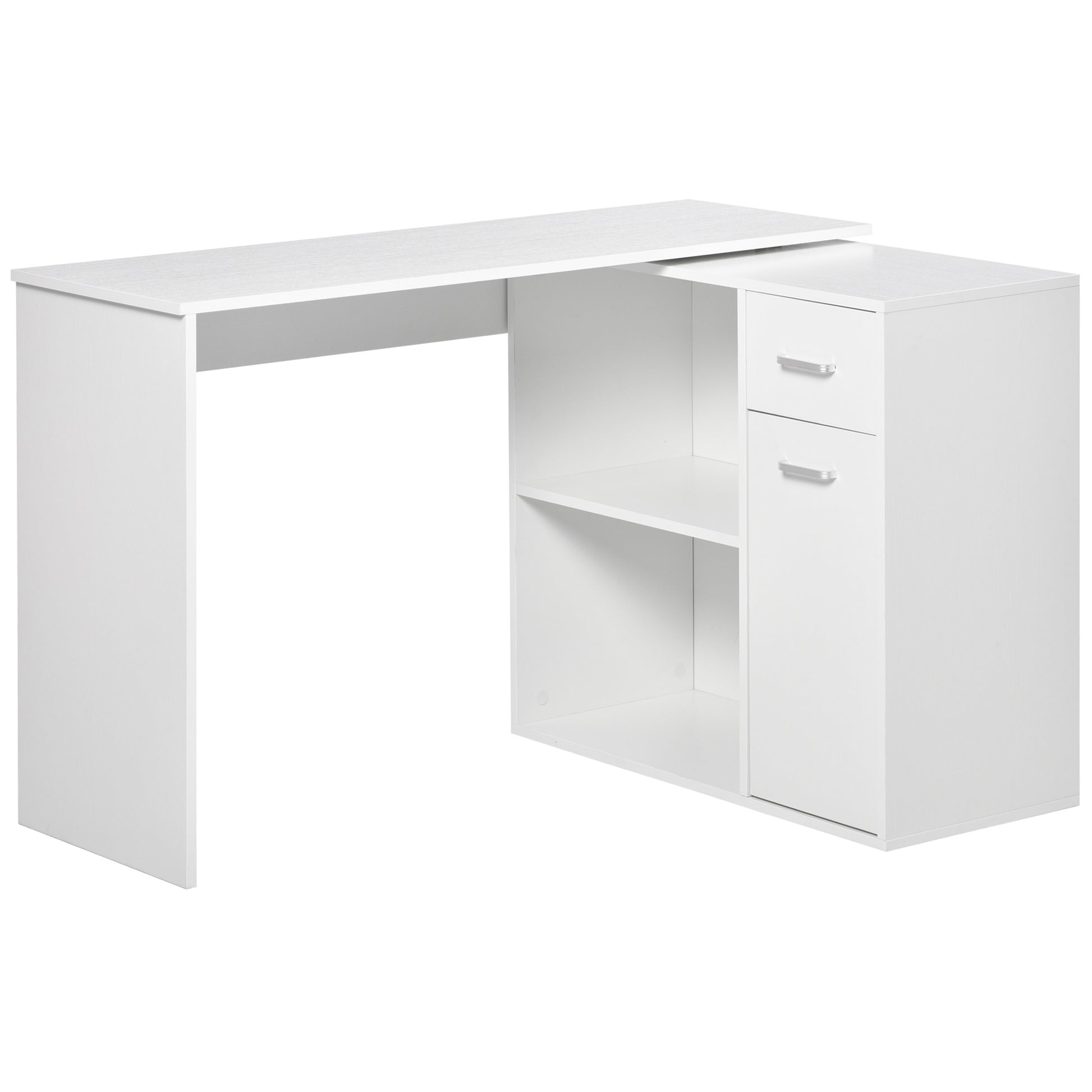 Homcom L Shaped Computer Desk, 180 Rotating Corner Desk With Storage Shelves, Drawer And Cabinet, Study Workstation For Home Office, White White Particle Board