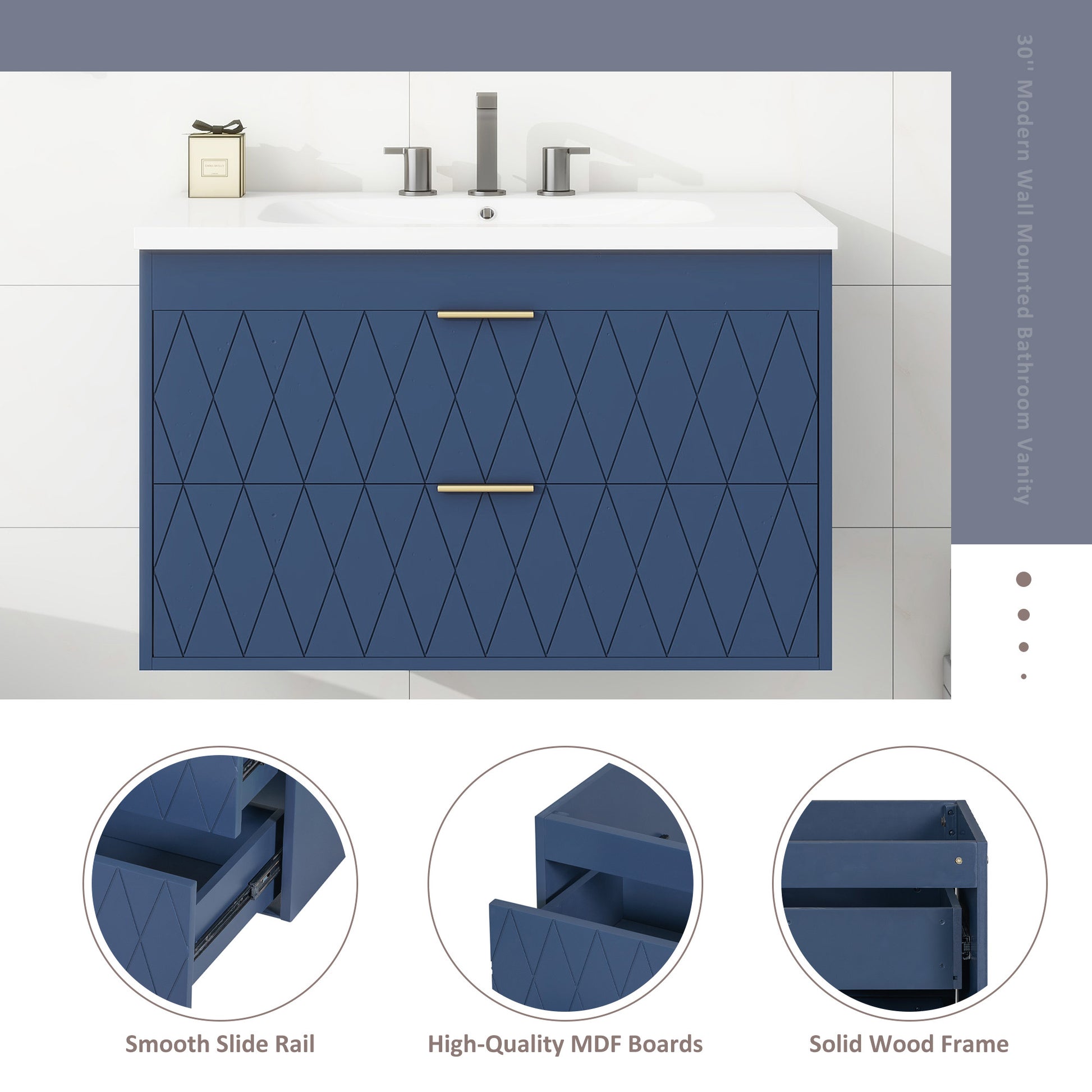 30'' Wall Mounted Bathroom Vanity With Resin Sink,Floating Bathroom Storage Cabinet With 2 Drawers, Solid Wood Bathroom Cabinet 2 Navy Blue Stain Resistant Bathroom Wall Mounted Solid Wood Mdf Resin Painted