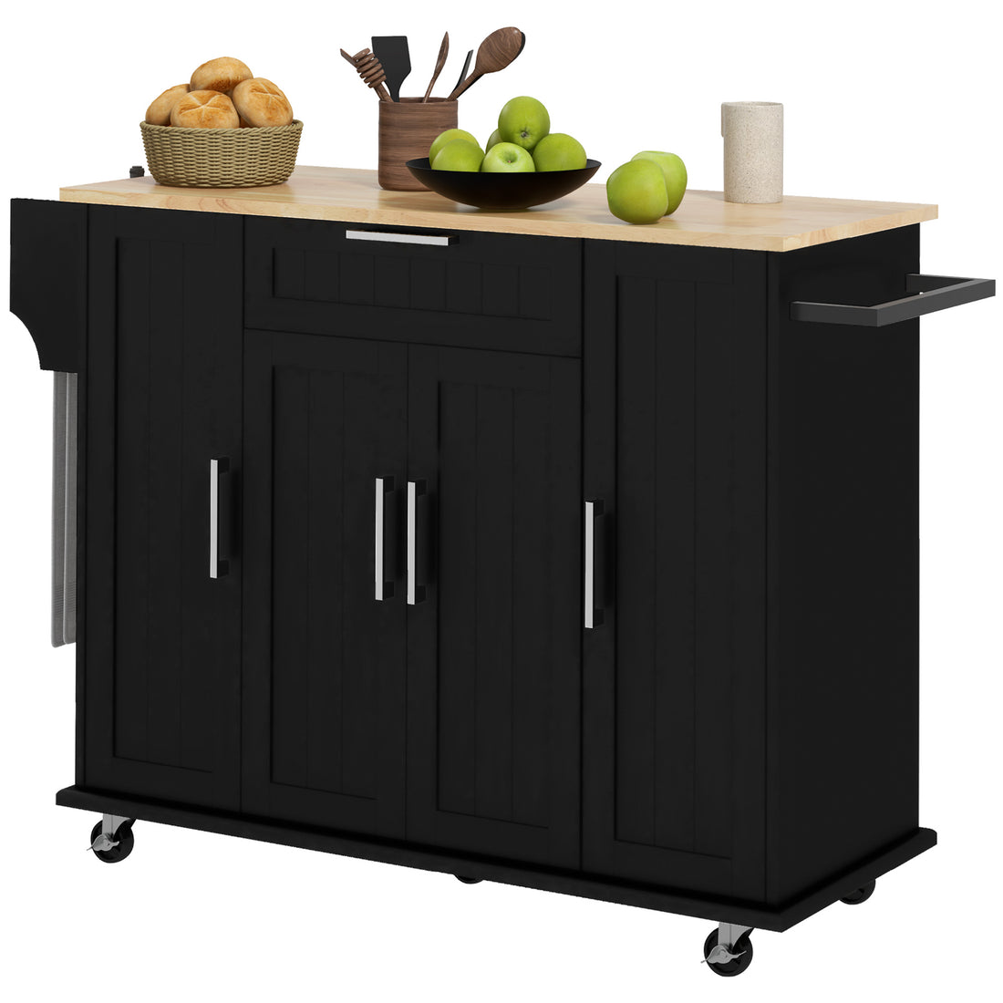 Homcom Kitchen Island On Wheels, Rolling Kitchen Cart With Rubberwood Top, Drawer, Spice Rack, Towel Rack, Storage Cabinet With Inner Adjustable Shelves, Black Black Mdf