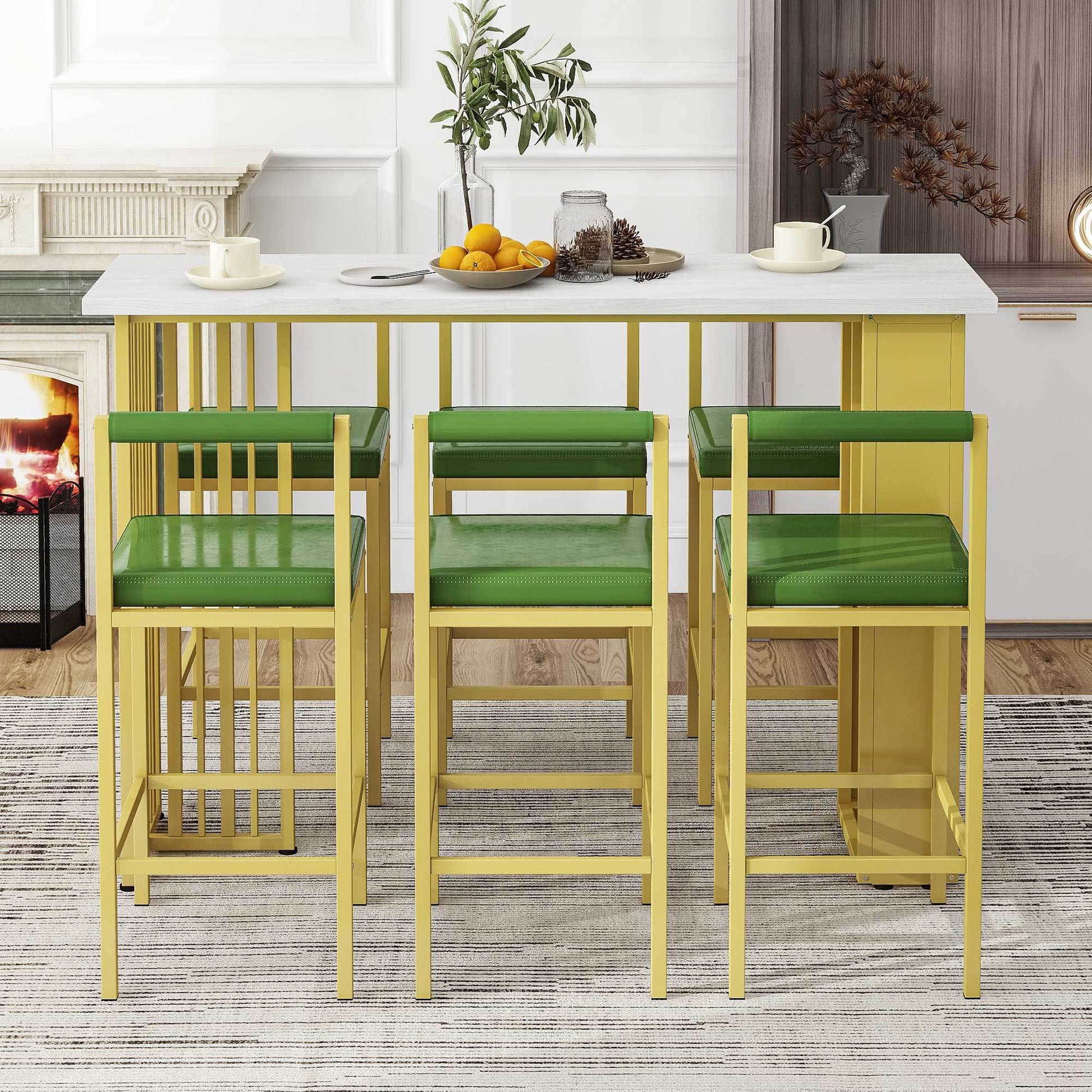 7 Piece Multi Functional Modern Counter Height Dining Bar Table Set With Open Shelves And 6 Upholstered Stools For Dining Room, Bar And Cafe White And Green White Green Mdf Metal