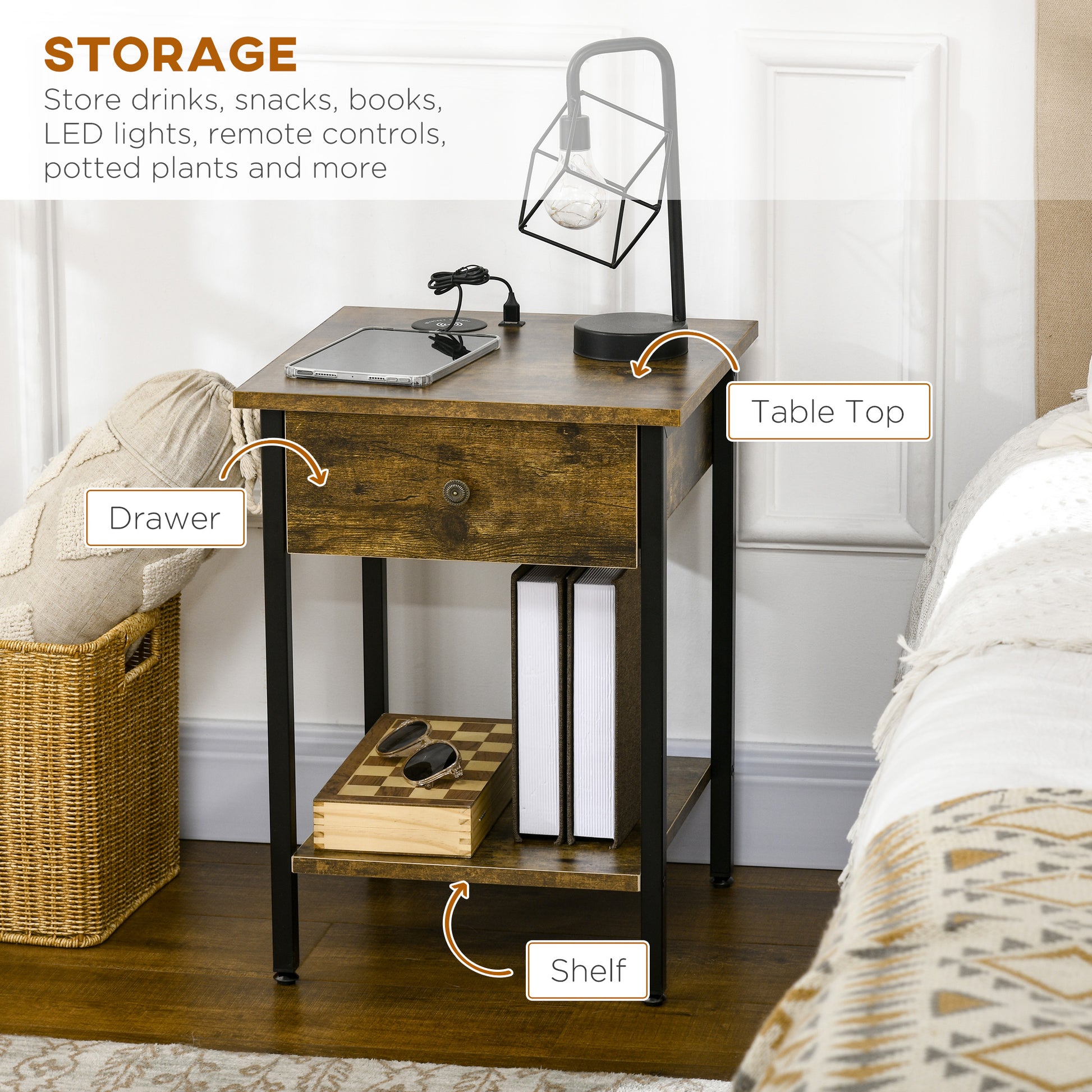 Homcom End Table With Wireless Charging Station And 2 Usb Ports, Small Side Table With 2 Tier Storage, Drawer For Living Room, Bedroom, Rustic Brown Brown Particle Board