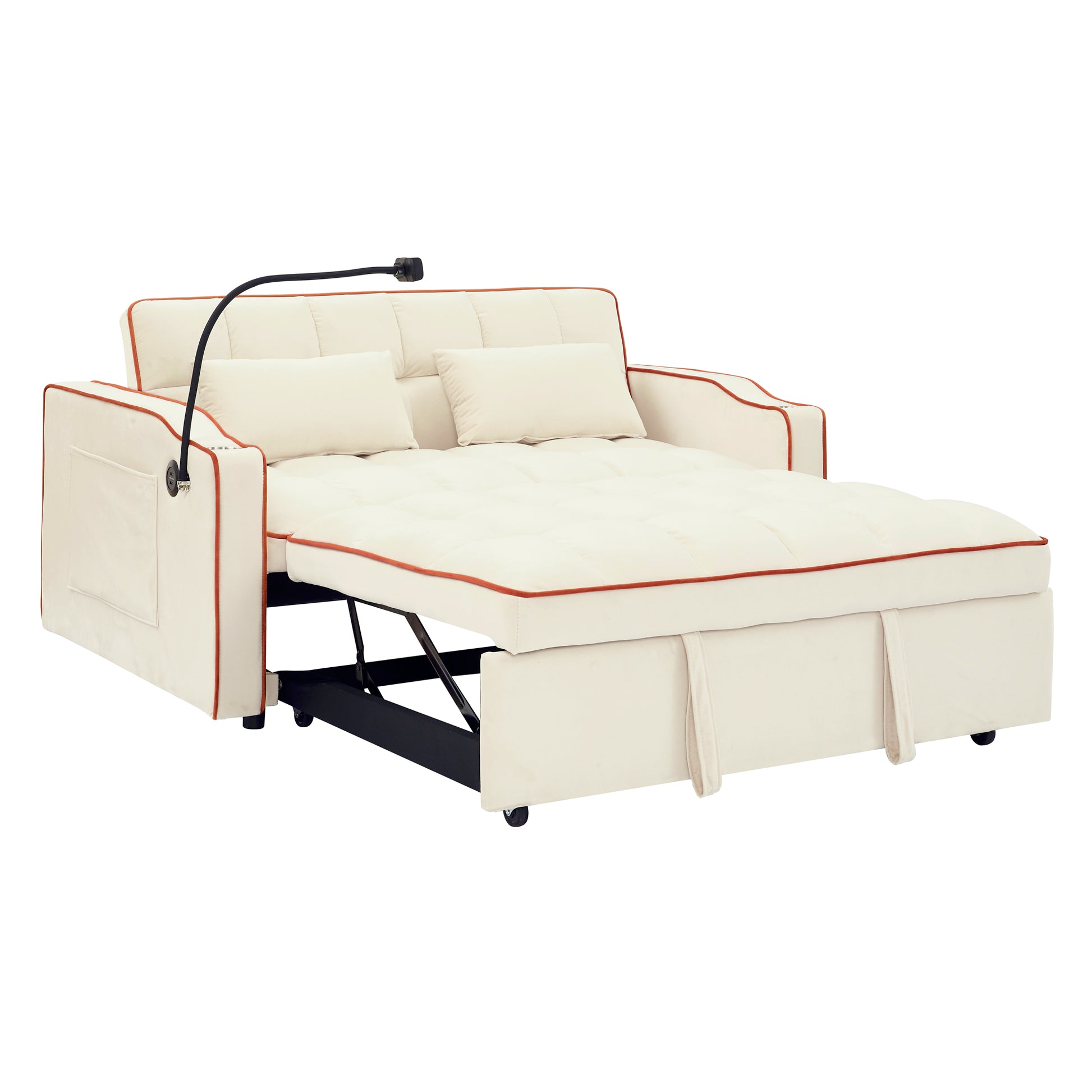 55.51 Inch Versatile Foldable Sofa Bed In 3 Lengths, Modern Sofa Sofa Sofa Velvet Pull Out Bed, Adjustable Back And With Usb Port And Ashtray And Swivel Phone Stand Beige Beige Velvet Wood Primary Living Space Medium Soft Cushion Back Delicate Duty