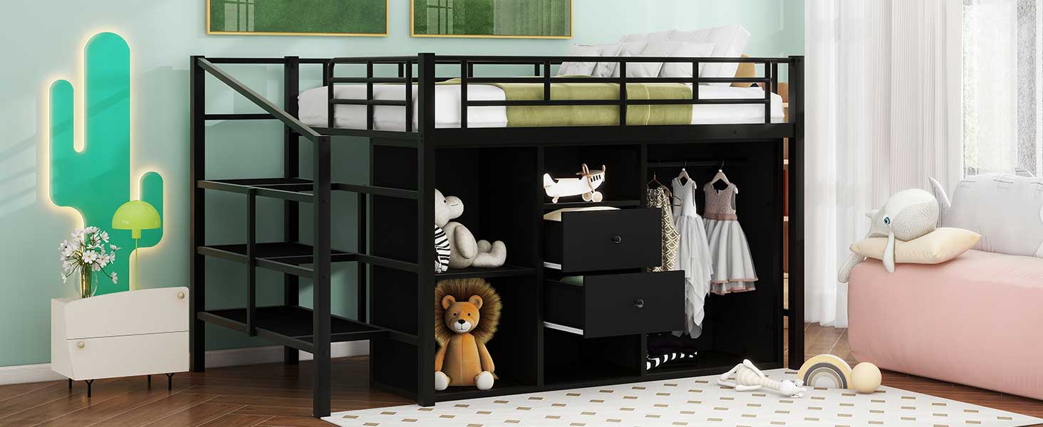 Full Size Metal Loft Bed With Drawers, Storage Staircase And Small Wardrobe Full Black Mdf Metal