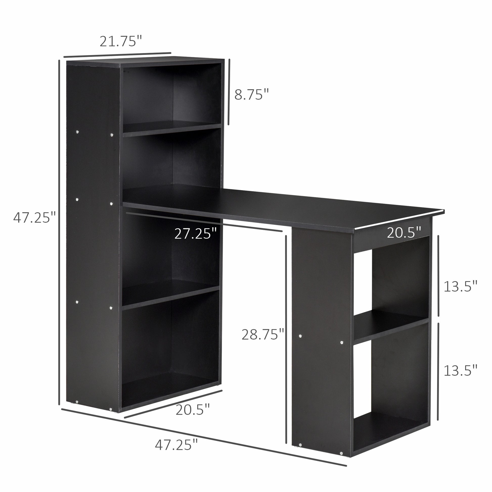 Homcom Modern Home Office Desk With 6 Tier Storage Shelves, 47" Writing Table With Bookshelf, Black Black Engineered Wood