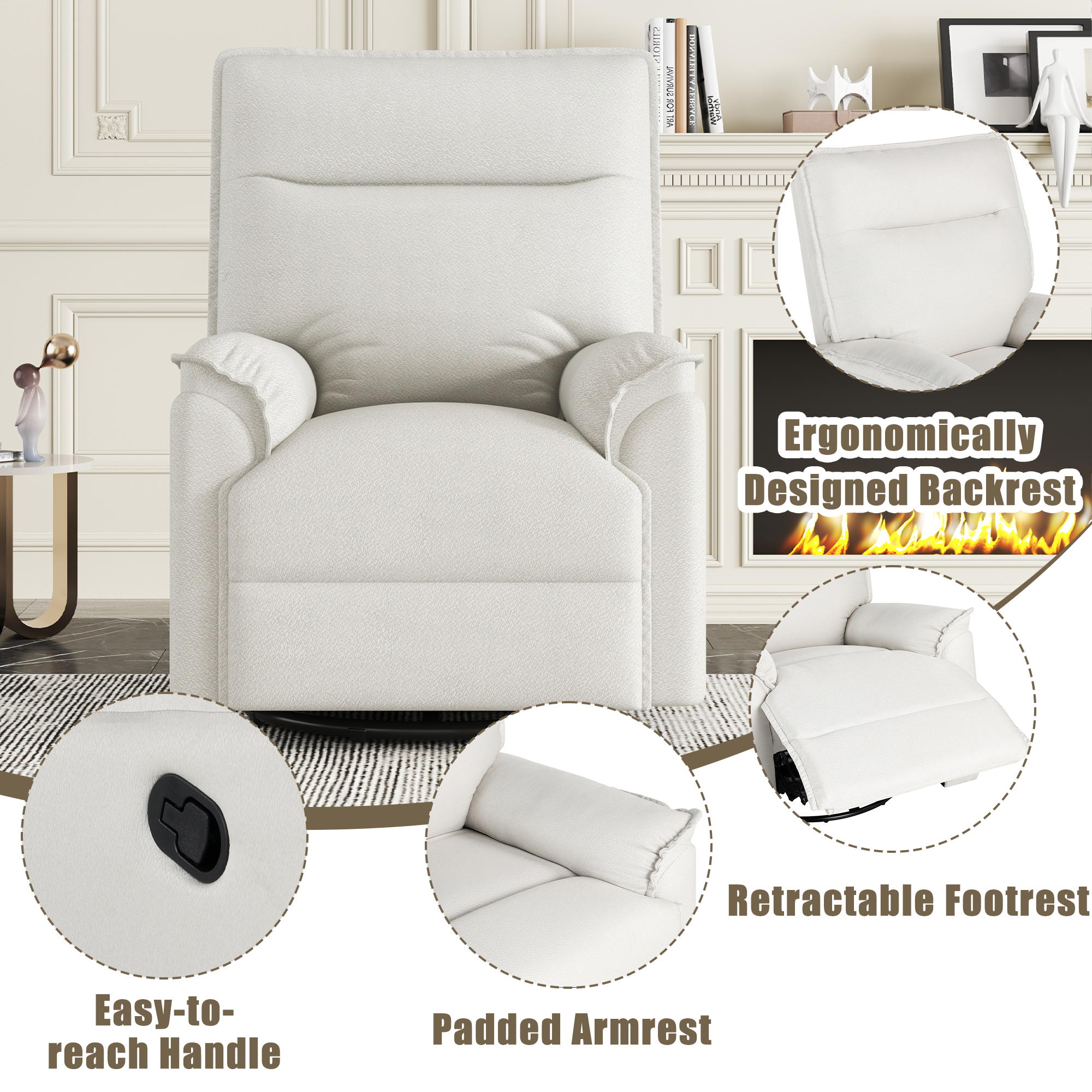 360 Degree Swivel Upholstered Manual Recliner Chair beige-foam-linen