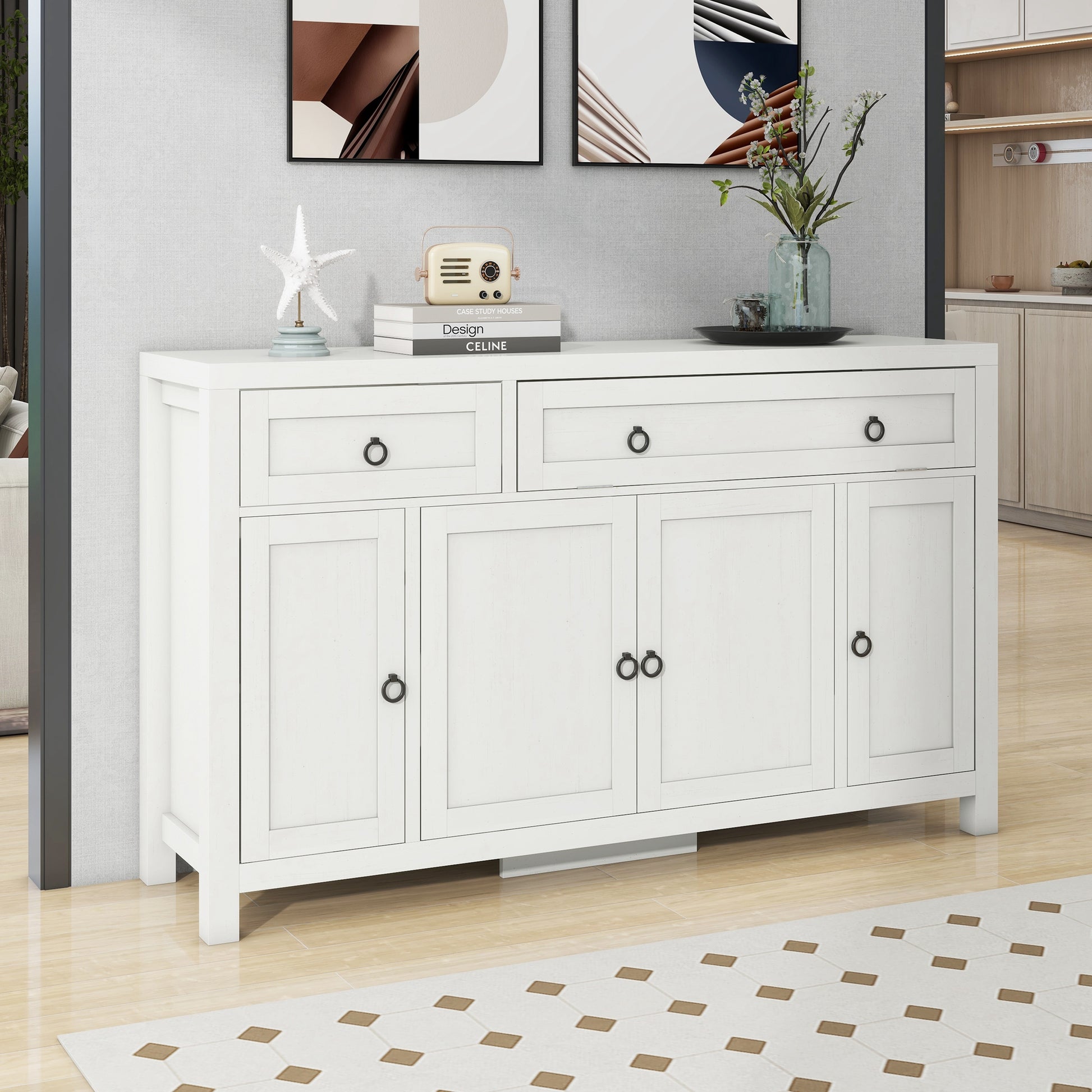 Retro Style Large Storage Space Sideboard With Flip Door And 1 Drawer, 4 Height Adjustable Cabinets, Suitable For Kitchen, Dining Room, Living Room Antique White Antique White Particle Board