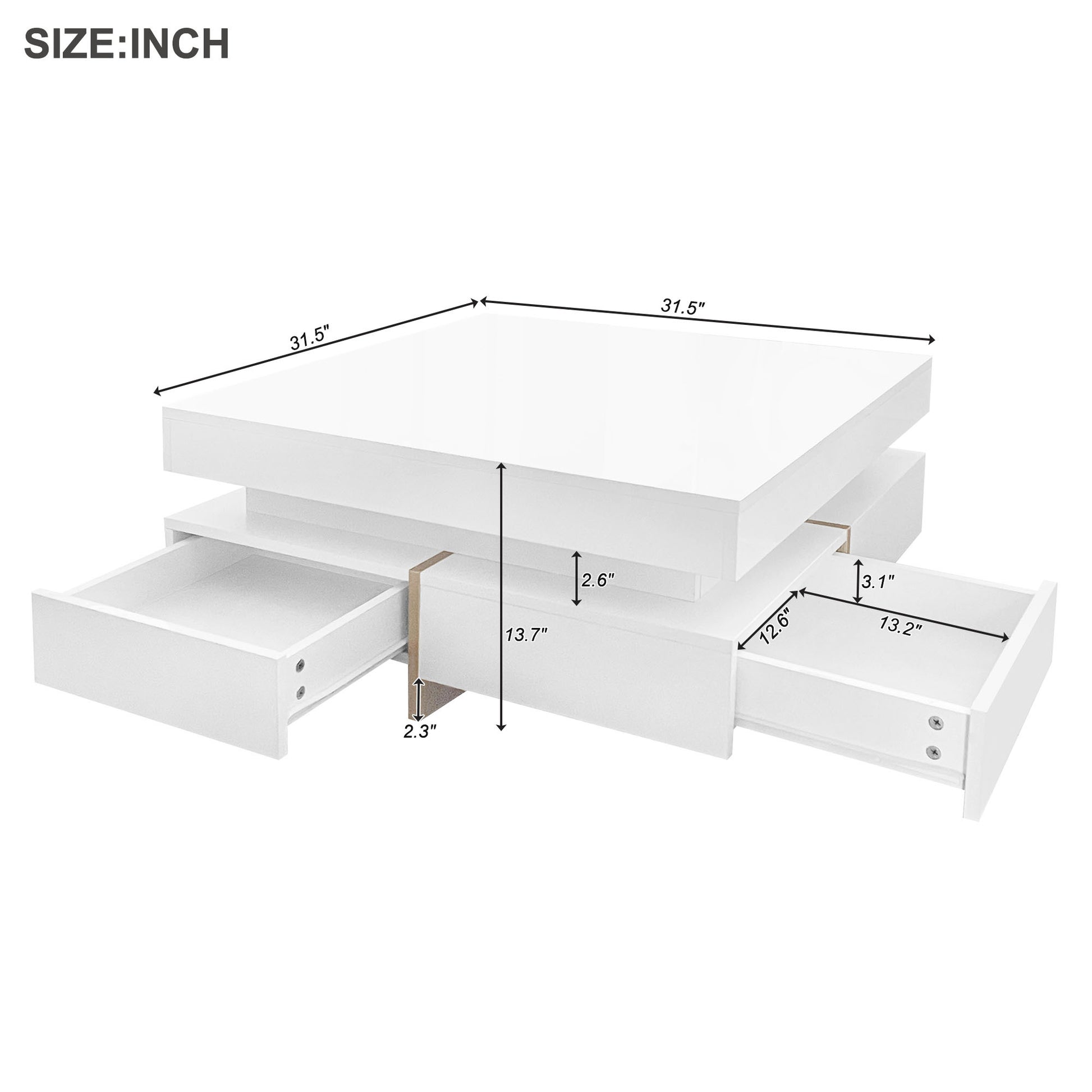 Modern High Gloss Coffee Table With 4 Drawers, Multi Storage Square Cocktail Tea Table With Wood Grain Legs, Center Table For Living Room, 31.5''X31.5'', White White Primary Living Space Drawers Particle Board