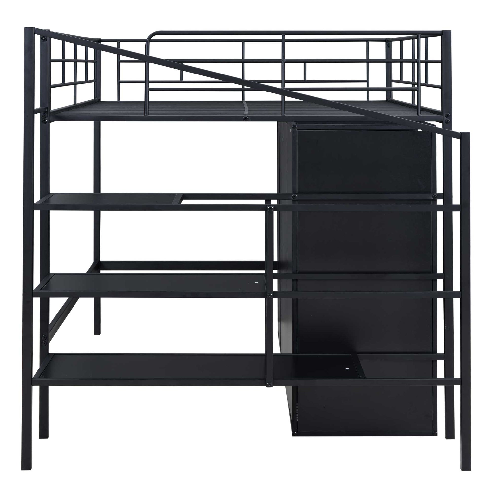 Full Size Metal Loft Bed With Drawers, Storage Staircase And Small Wardrobe Full Black Mdf Metal