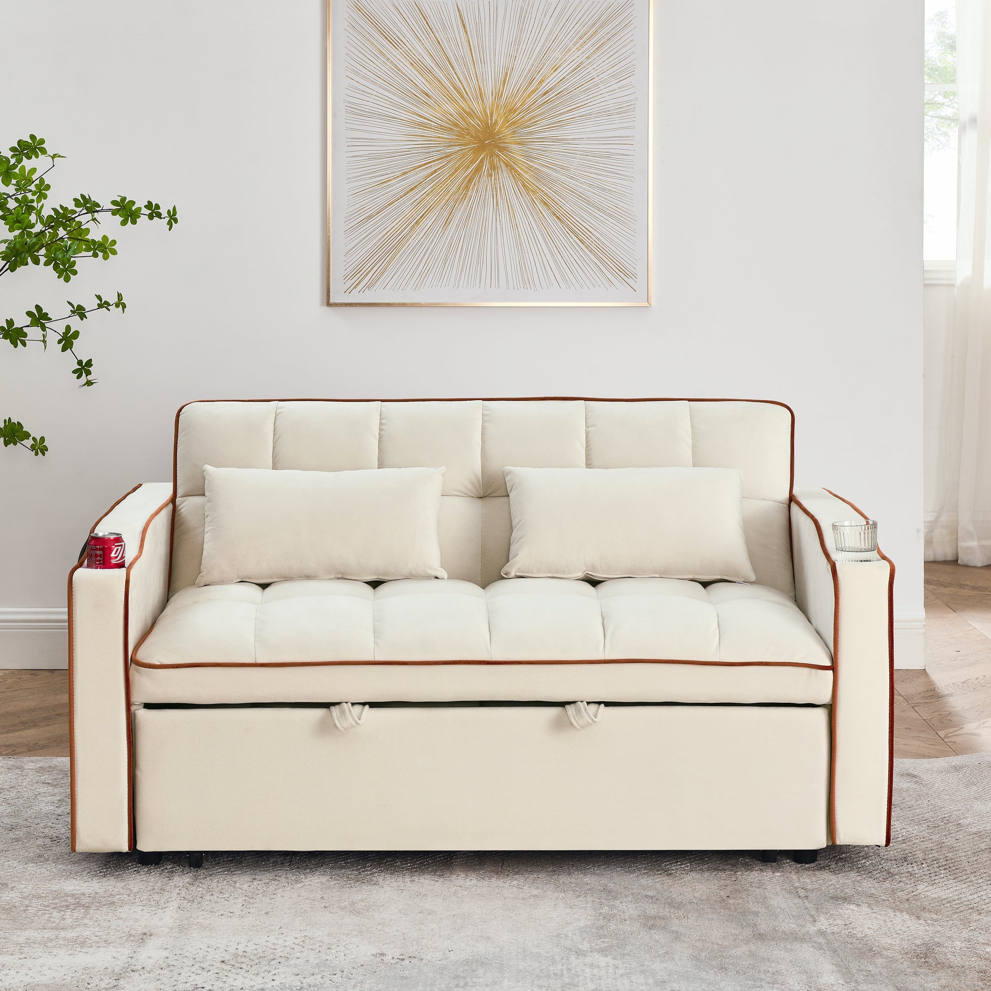 55.51 Inch Versatile Foldable Sofa Bed In 3 Lengths, Modern Sofa Sofa Sofa Velvet Pull Out Bed, Adjustable Back And With Usb Port And Ashtray And Swivel Phone Stand Beige Beige Velvet Wood Primary Living Space Medium Soft Cushion Back Delicate Duty