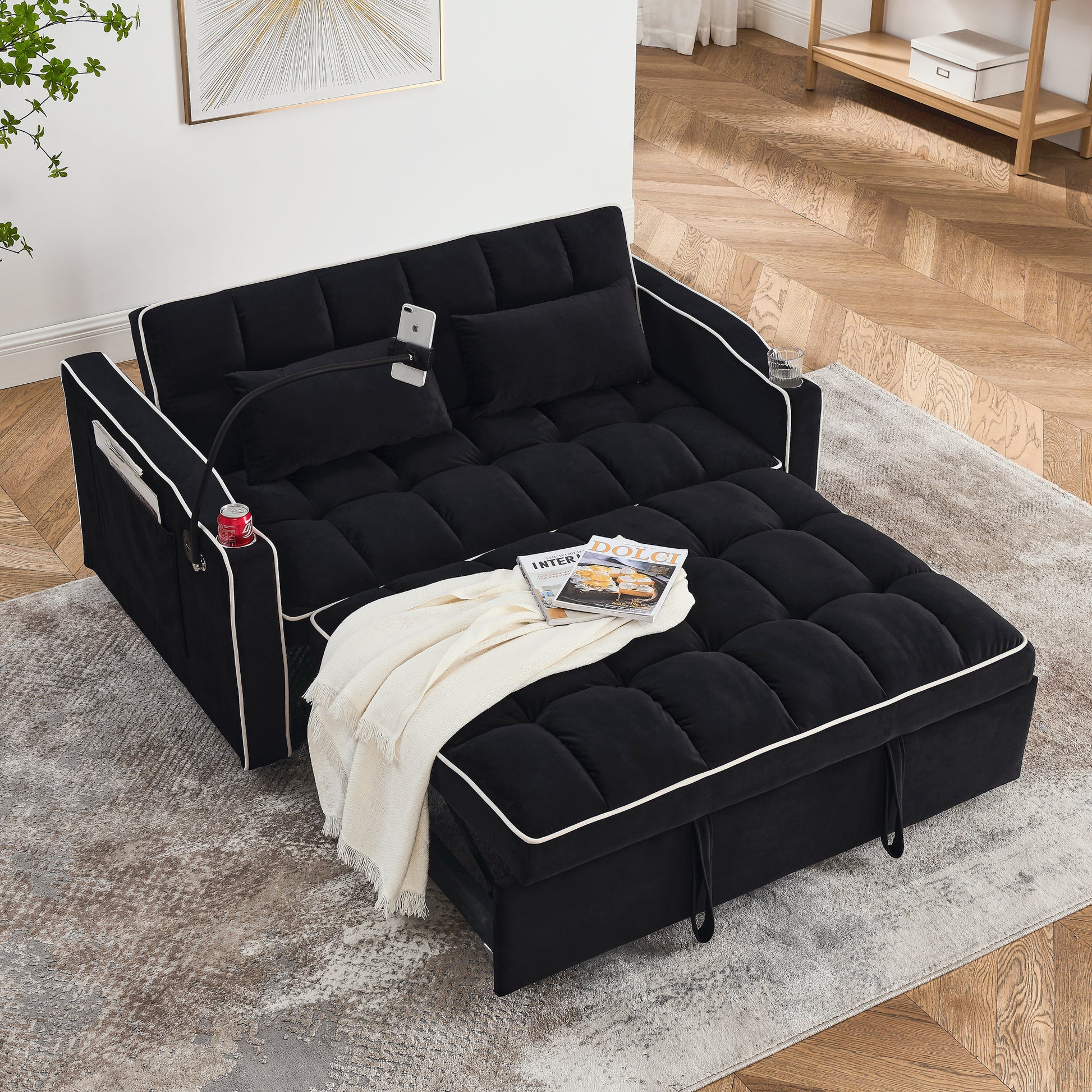 55.51 Inch Versatile Foldable Sofa Bed In 3 Lengths, Modern Sofa Sofa Sofa Velvet Pull Out Bed, Adjustable Back And With Usb Port And Ashtray And Swivel Phone Stand Black Black Velvet Wood Primary Living Space Medium Soft Cushion Back Delicate Duty