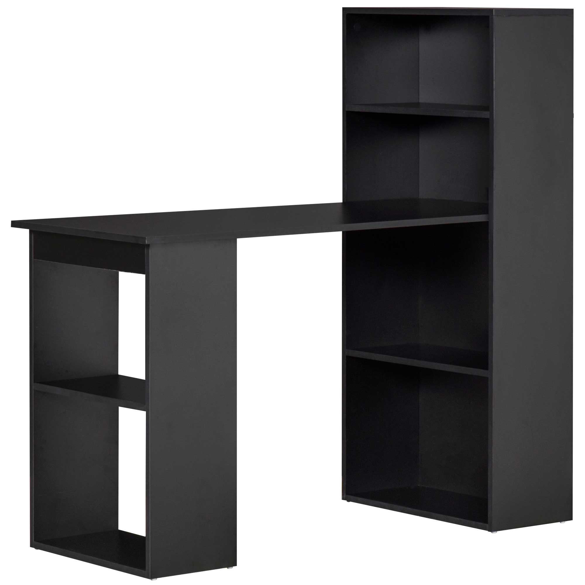 Homcom Modern Home Office Desk With 6 Tier Storage Shelves, 47" Writing Table With Bookshelf, Black Black Engineered Wood