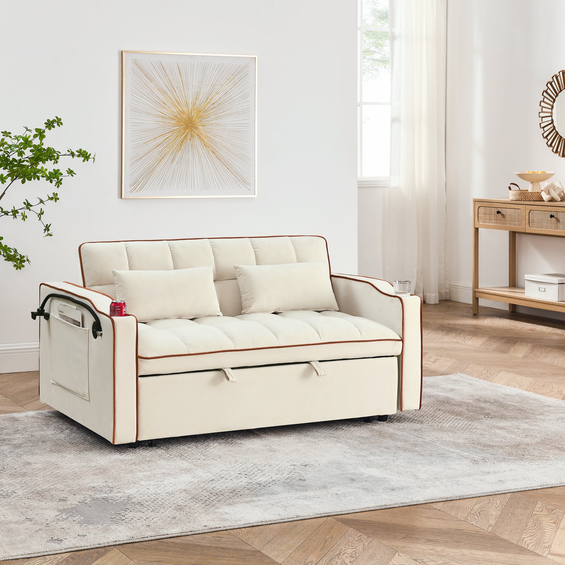 55.51 Inch Versatile Foldable Sofa Bed In 3 Lengths, Modern Sofa Sofa Sofa Velvet Pull Out Bed, Adjustable Back And With Usb Port And Ashtray And Swivel Phone Stand Beige Beige Velvet Wood Primary Living Space Medium Soft Cushion Back Delicate Duty