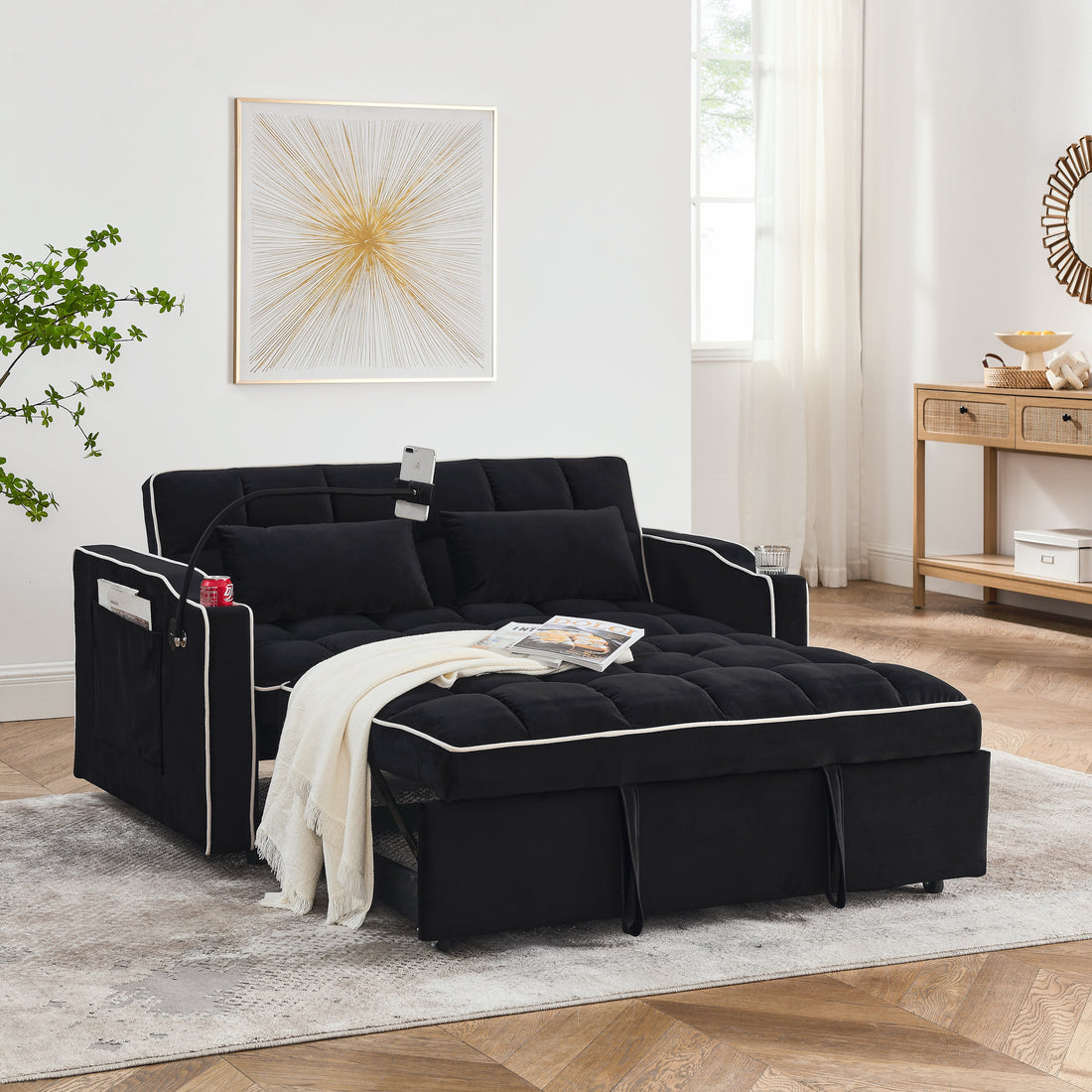 55.51 Inch Versatile Foldable Sofa Bed In 3 Lengths, Modern Sofa Sofa Sofa Velvet Pull Out Bed, Adjustable Back And With Usb Port And Ashtray And Swivel Phone Stand Black Black Velvet Wood Primary Living Space Medium Soft Cushion Back Delicate Duty