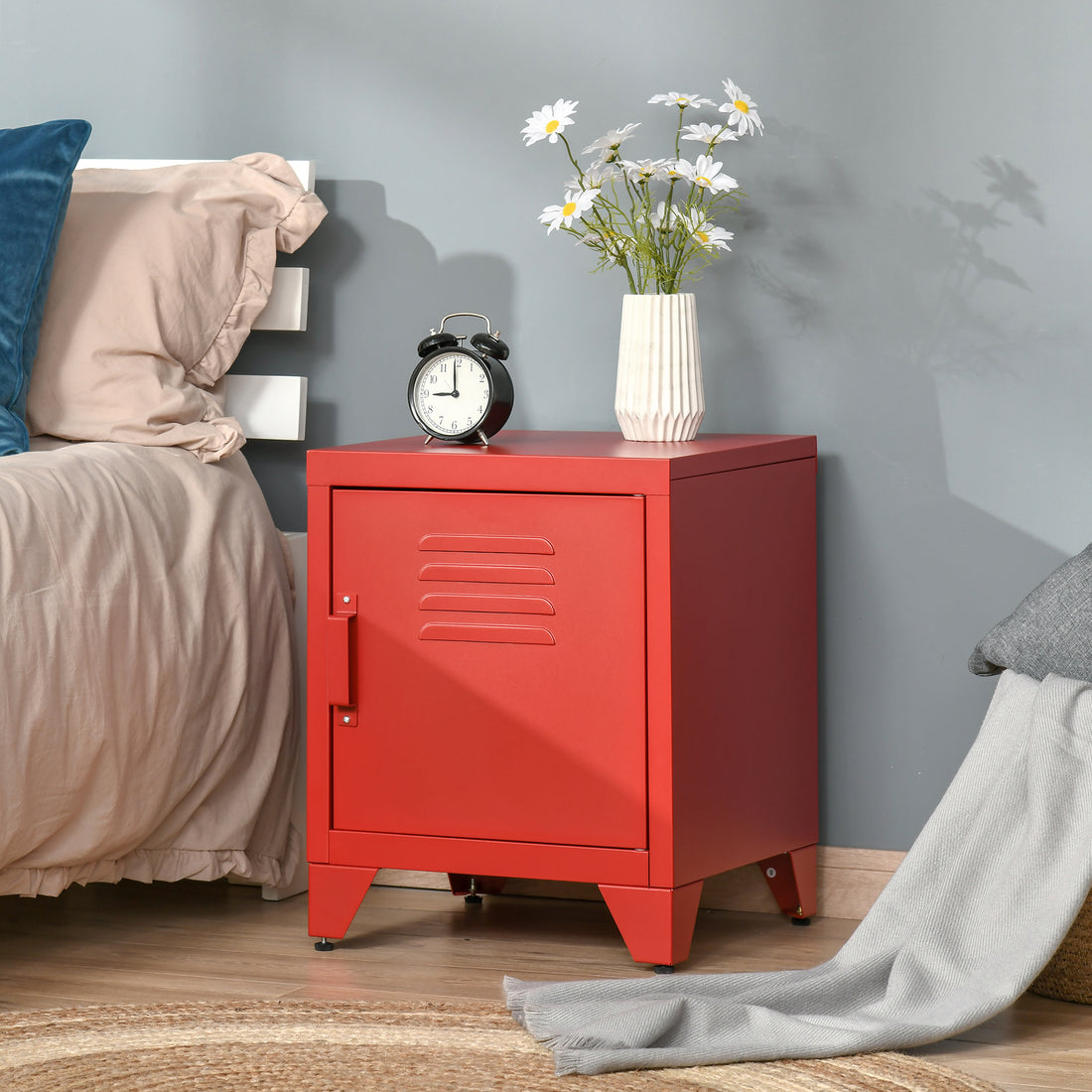 Homcom Industrial End Table, Living Room Side Table With Locker Style Door And Adjustable Shelf, Red Red Steel