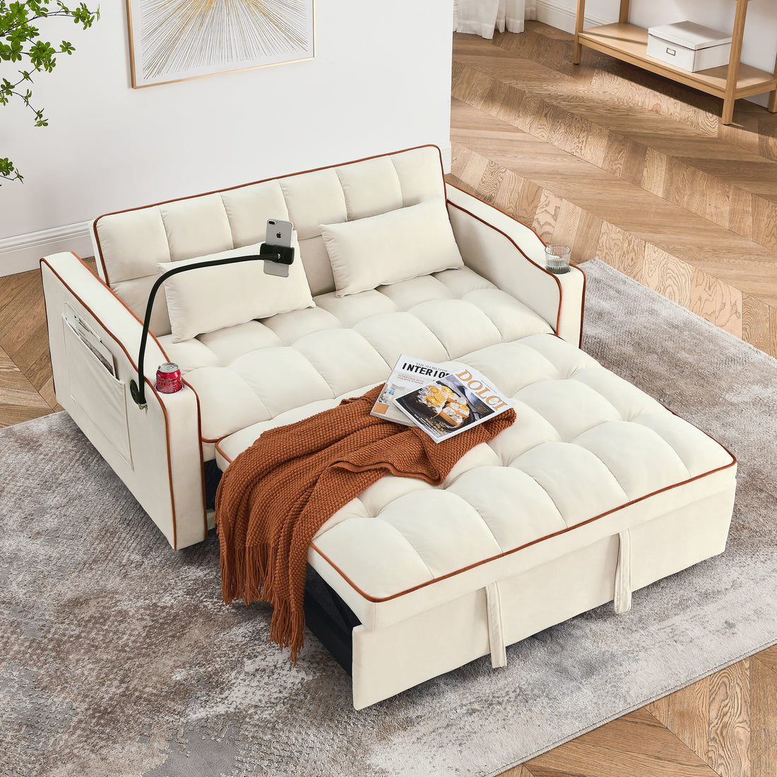 55.51 Inch Versatile Foldable Sofa Bed In 3 Lengths, Modern Sofa Sofa Sofa Velvet Pull Out Bed, Adjustable Back And With Usb Port And Ashtray And Swivel Phone Stand Beige Beige Velvet Wood Primary Living Space Medium Soft Cushion Back Delicate Duty