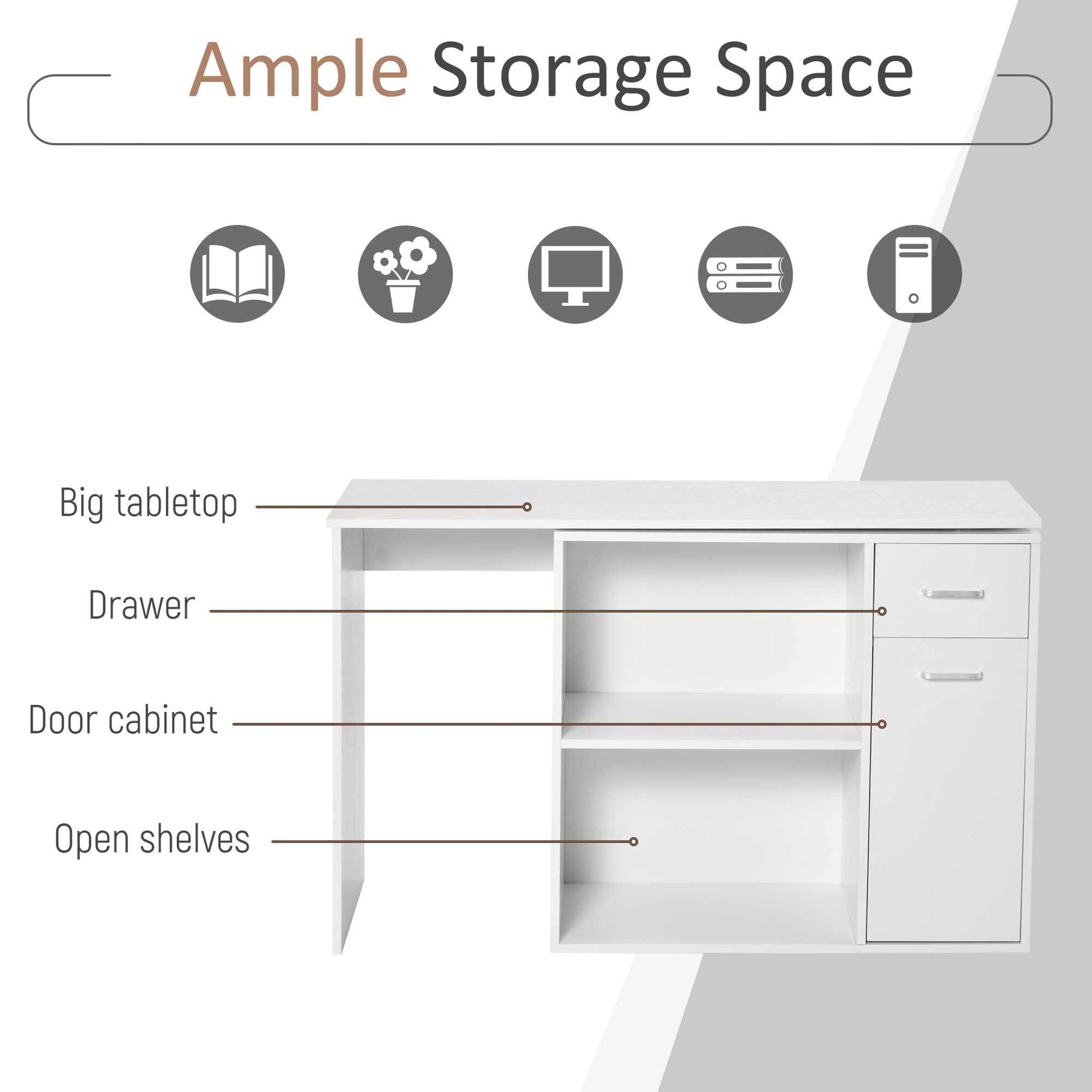 Homcom L Shaped Computer Desk, 180 Rotating Corner Desk With Storage Shelves, Drawer And Cabinet, Study Workstation For Home Office, White White Particle Board