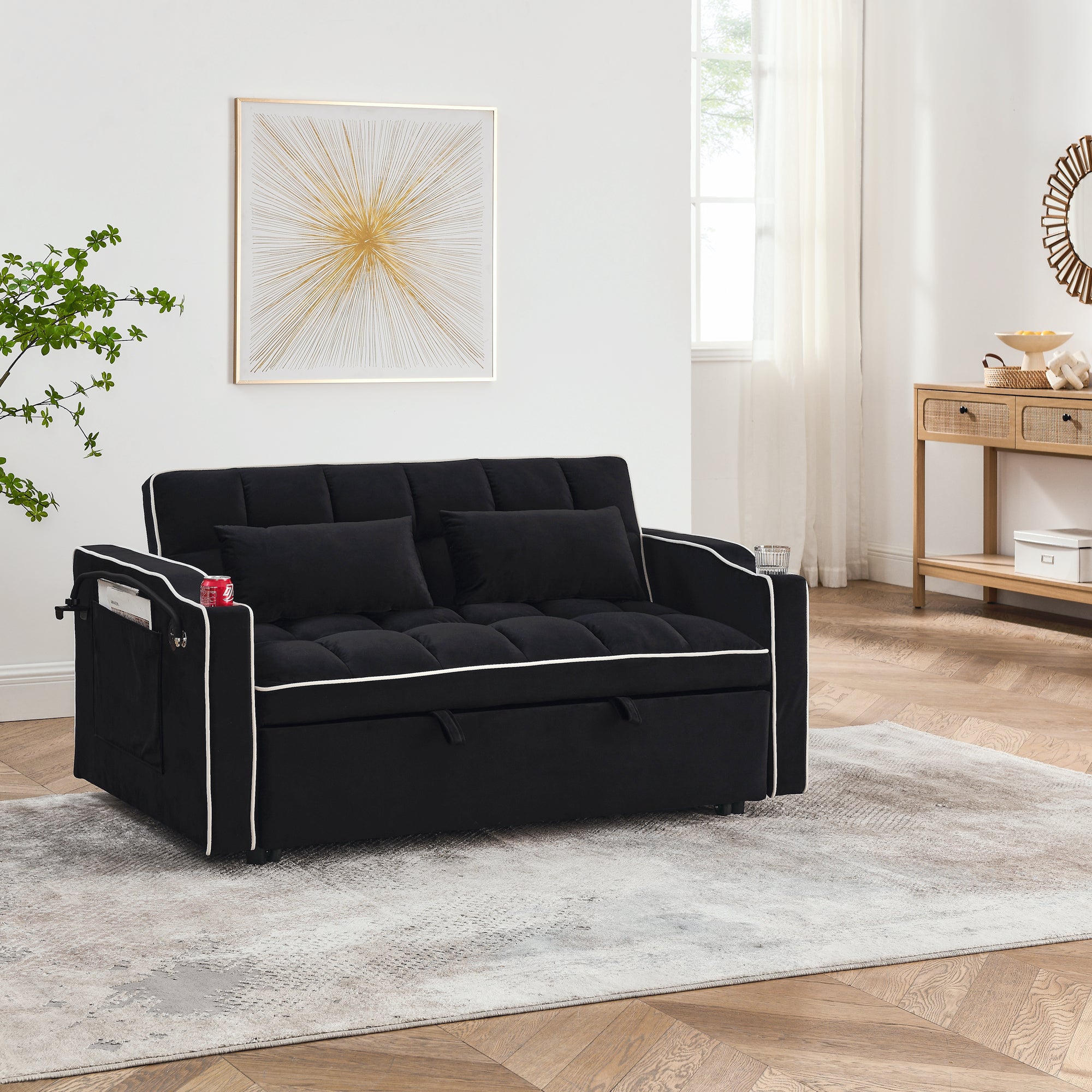55.51 inch versatile foldable sofa bed in 3 lengths black-velvet-wood-primary living
