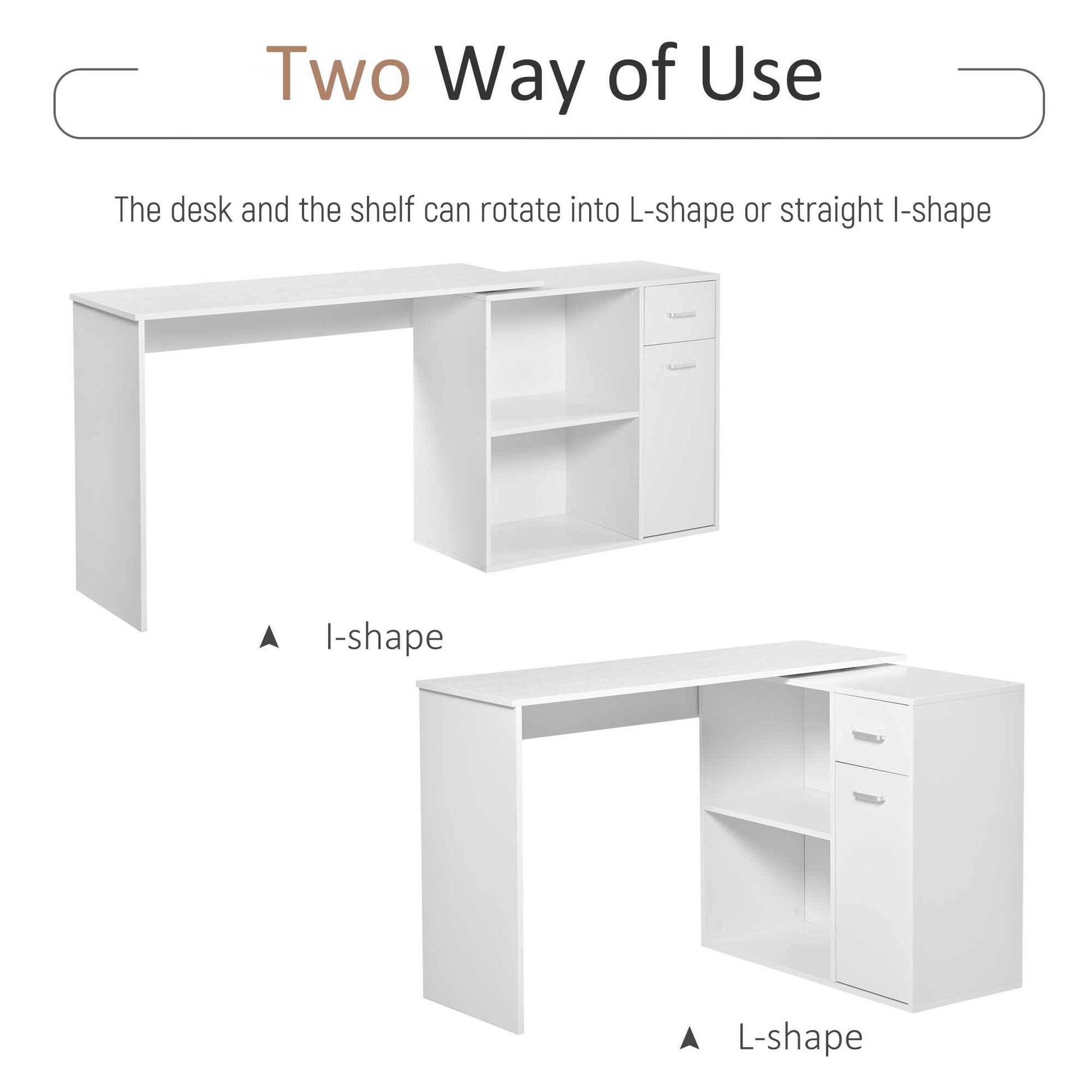 Homcom L Shaped Computer Desk, 180 Rotating Corner Desk With Storage Shelves, Drawer And Cabinet, Study Workstation For Home Office, White White Particle Board