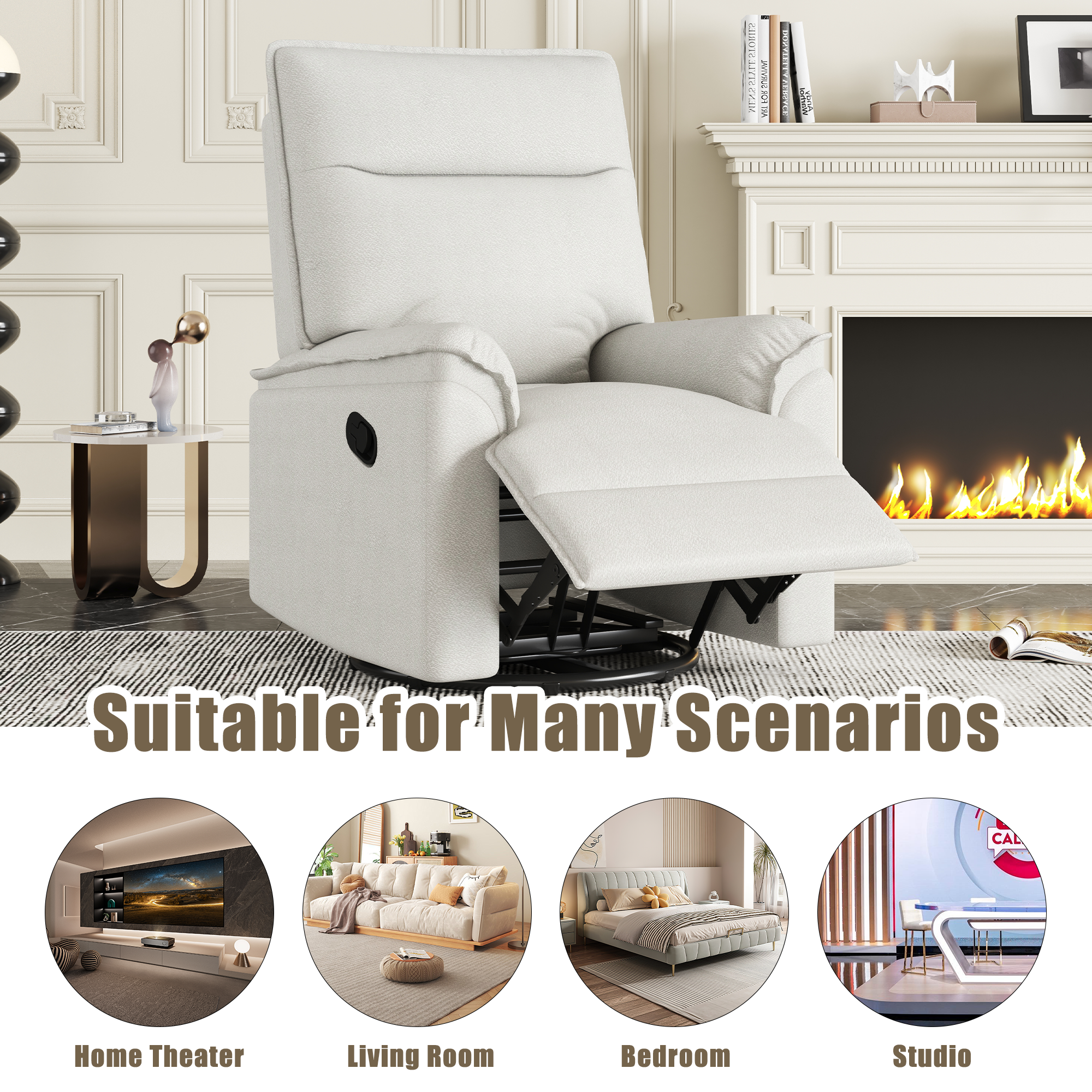360 Degree Swivel Upholstered Manual Recliner Chair beige-foam-linen
