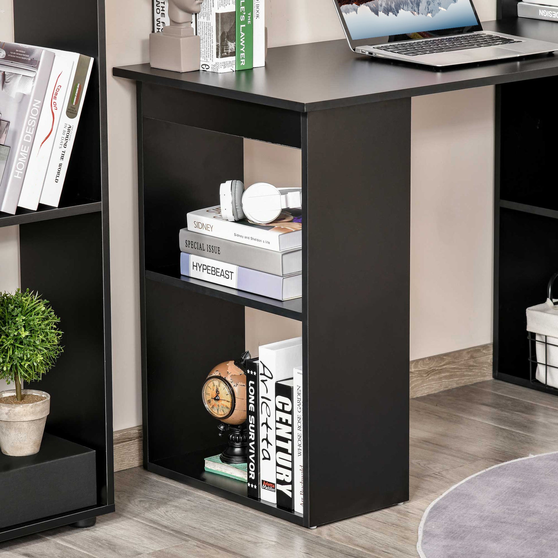 Homcom Modern Home Office Desk With 6 Tier Storage Shelves, 47" Writing Table With Bookshelf, Black Black Engineered Wood