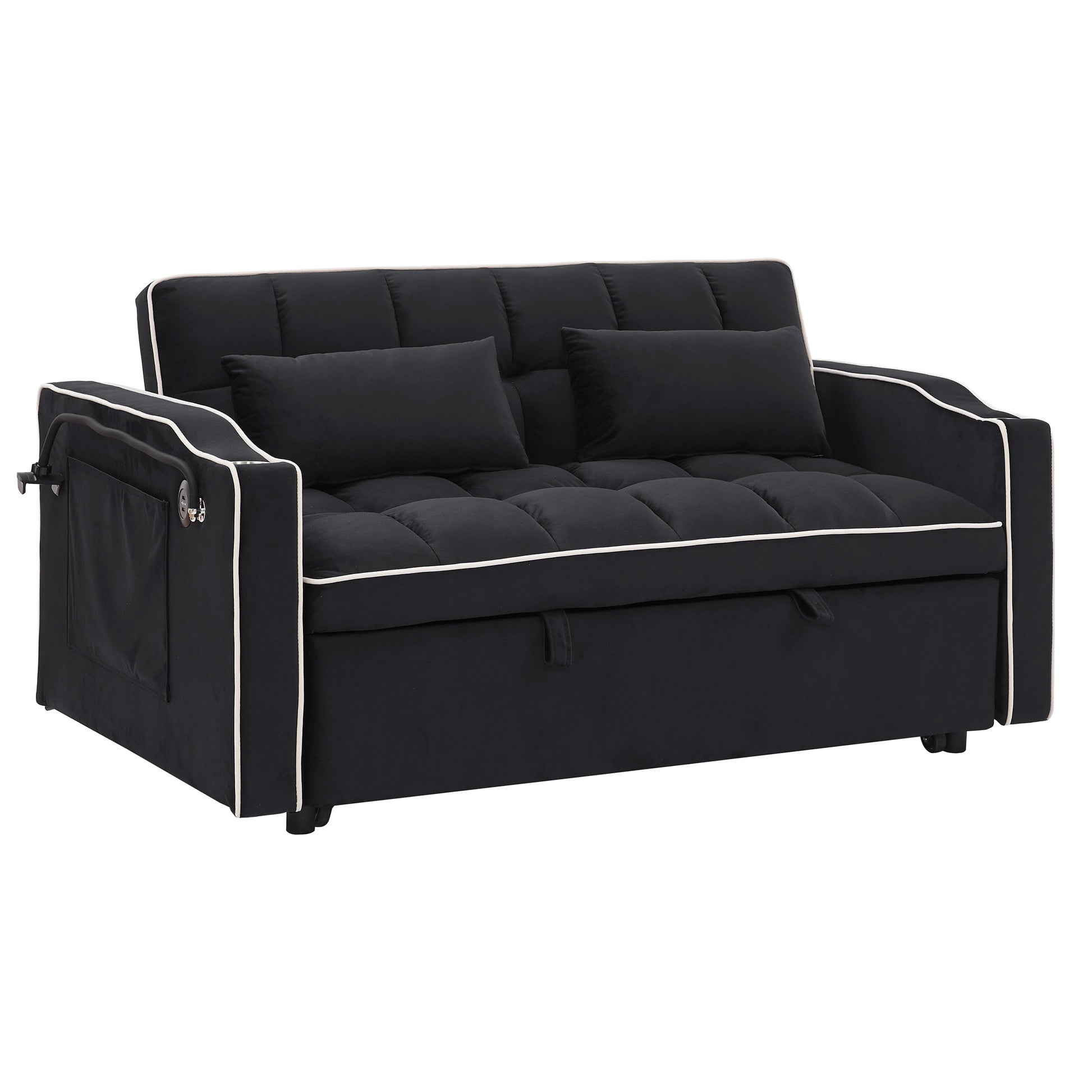 55.51 Inch Versatile Foldable Sofa Bed In 3 Lengths, Modern Sofa Sofa Sofa Velvet Pull Out Bed, Adjustable Back And With Usb Port And Ashtray And Swivel Phone Stand Black Black Velvet Wood Primary Living Space Medium Soft Cushion Back Delicate Duty