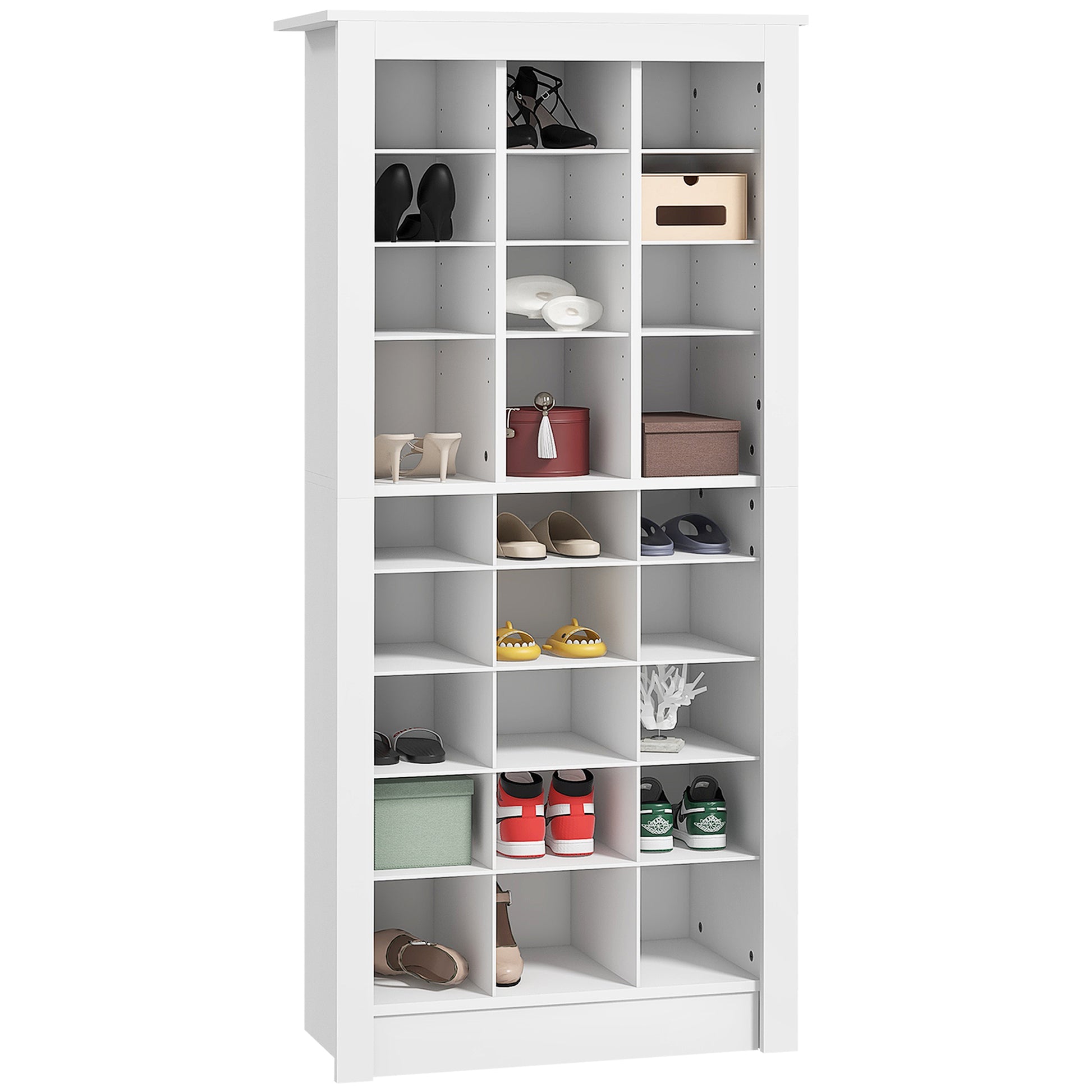 Homcom 58" Tall Shoe Cabinet For Entryway, Narrow Shoe Rack Storage Organizer With Open Cubes And Adjustable Shelves For 27 Pairs Of Shoes, White White Particle Board