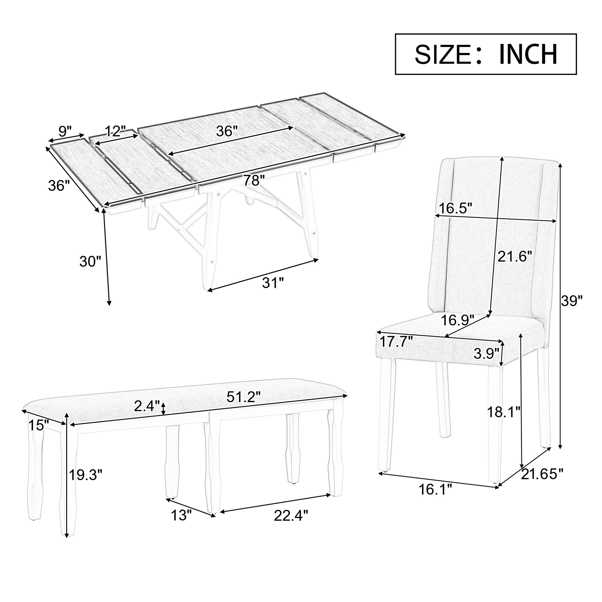 6 Piece Classic Dining Table Set, Rectangular Extendable Dining Table With Two 12"W Removable Leaves And 4 Upholstered Chairs & 1 Bench For Dining Room Gray White White Gray Solid Wood