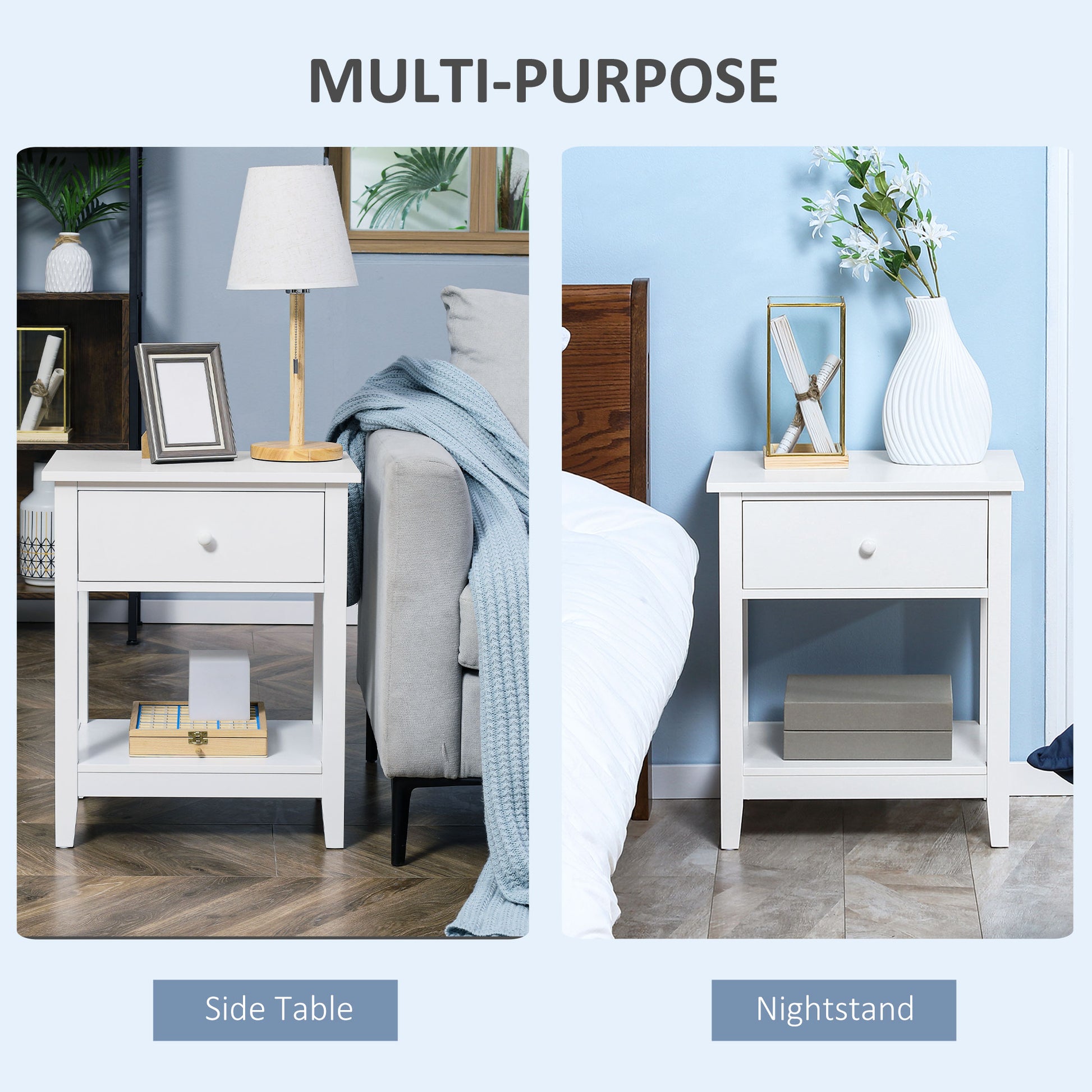 Homcom End Table, 2 Tier Side Table With Drawer And Storage Shelf, Modern Beside Table For Bedroom, Living Room, White White Mdf