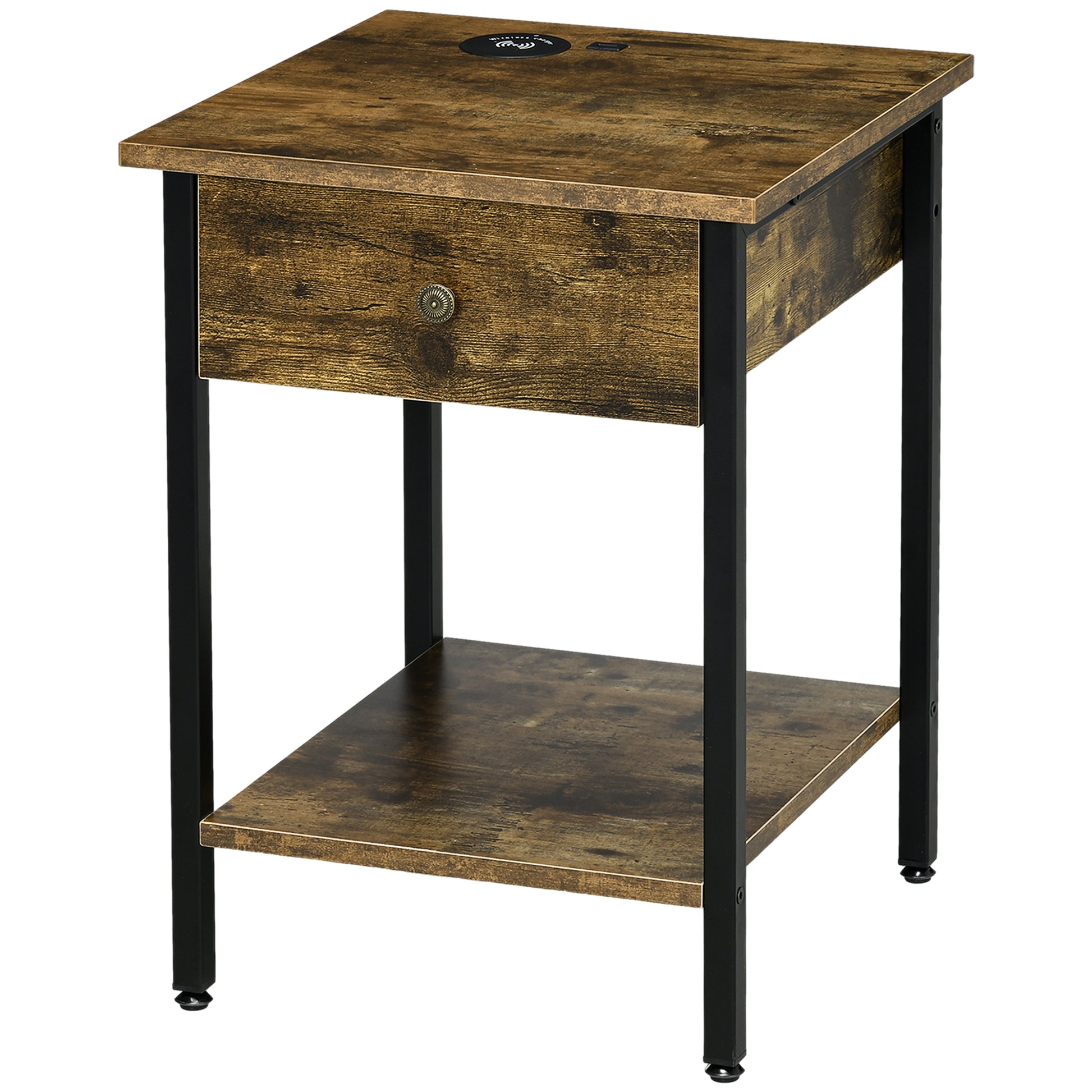 Homcom End Table With Wireless Charging Station And 2 Usb Ports, Small Side Table With 2 Tier Storage, Drawer For Living Room, Bedroom, Rustic Brown Brown Particle Board