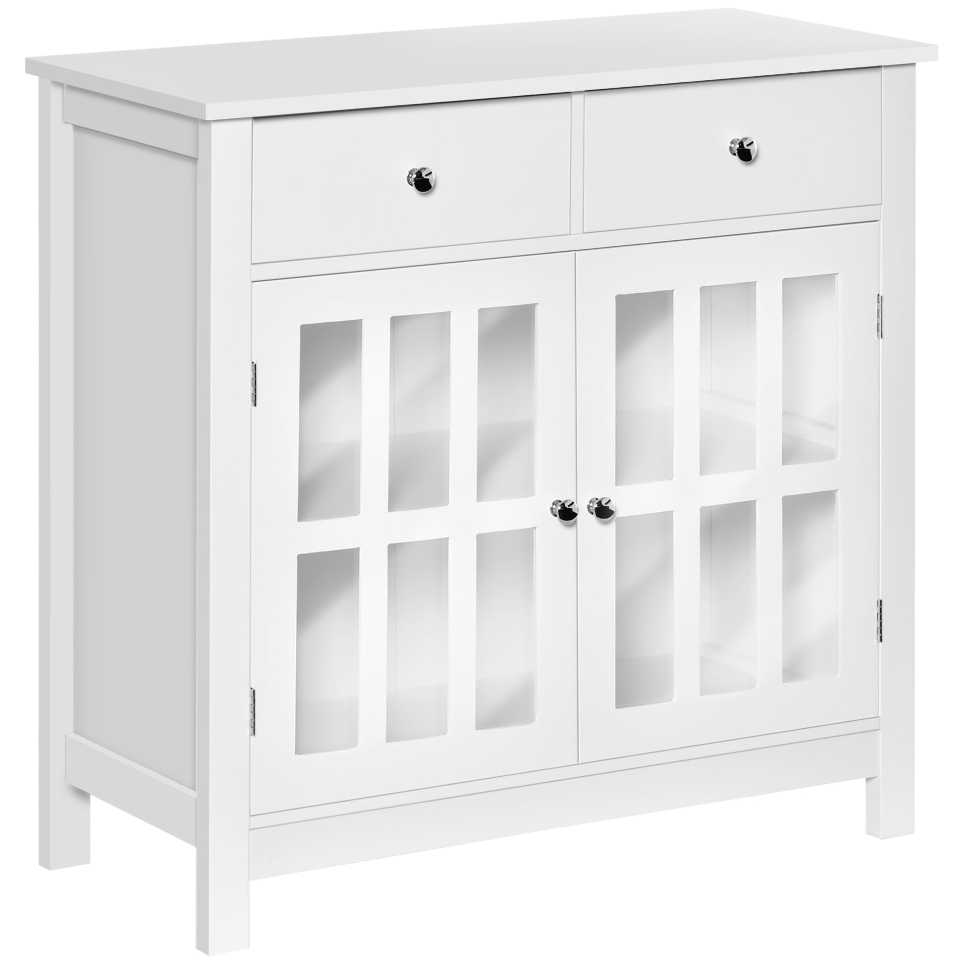 Homcom Sideboard Buffet Cabinet, Kitchen Cabinet With 2 Drawers And Glass Doors, Accent Cabinet For Living Room, White White Mdf