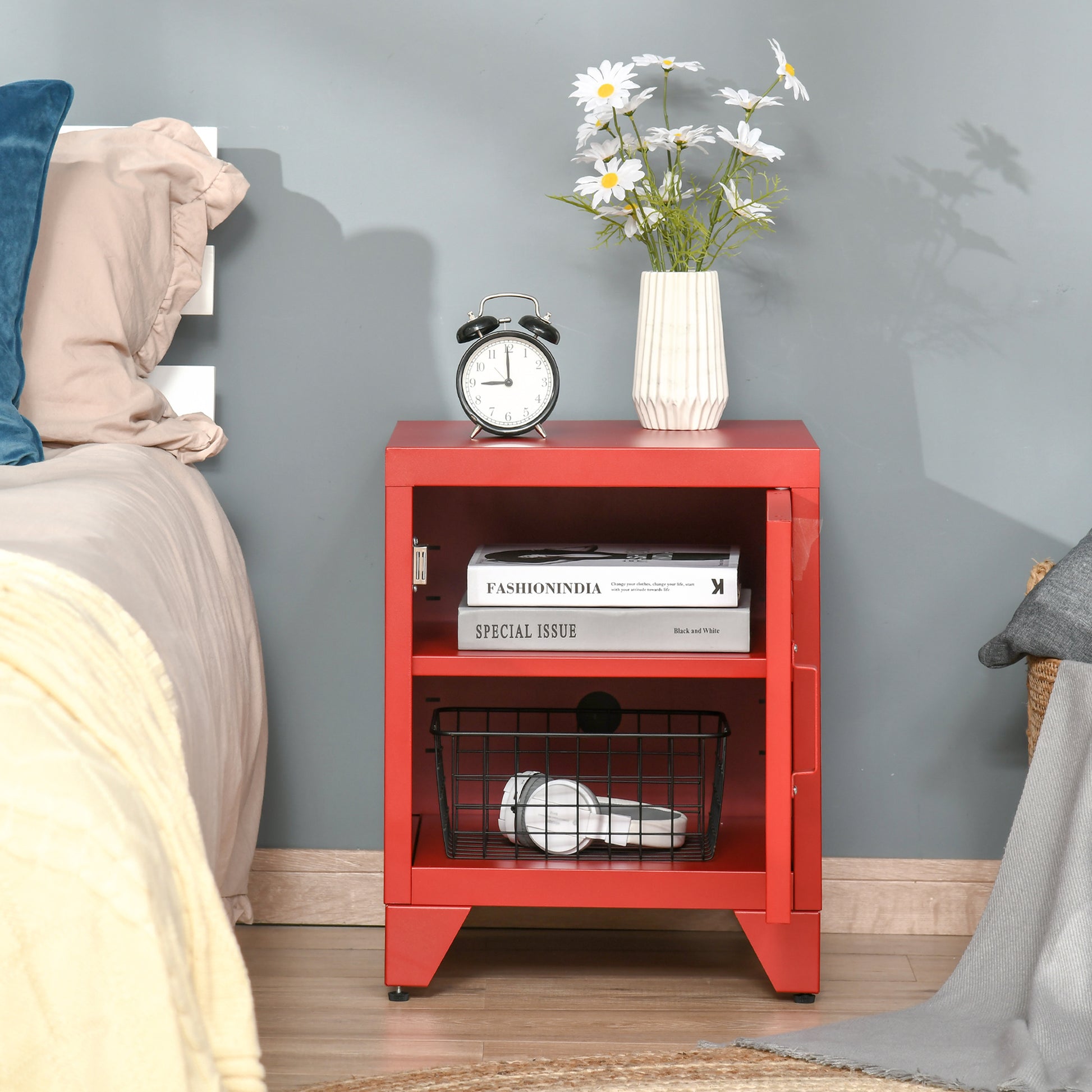 Homcom Industrial End Table, Living Room Side Table With Locker Style Door And Adjustable Shelf, Red Red Steel