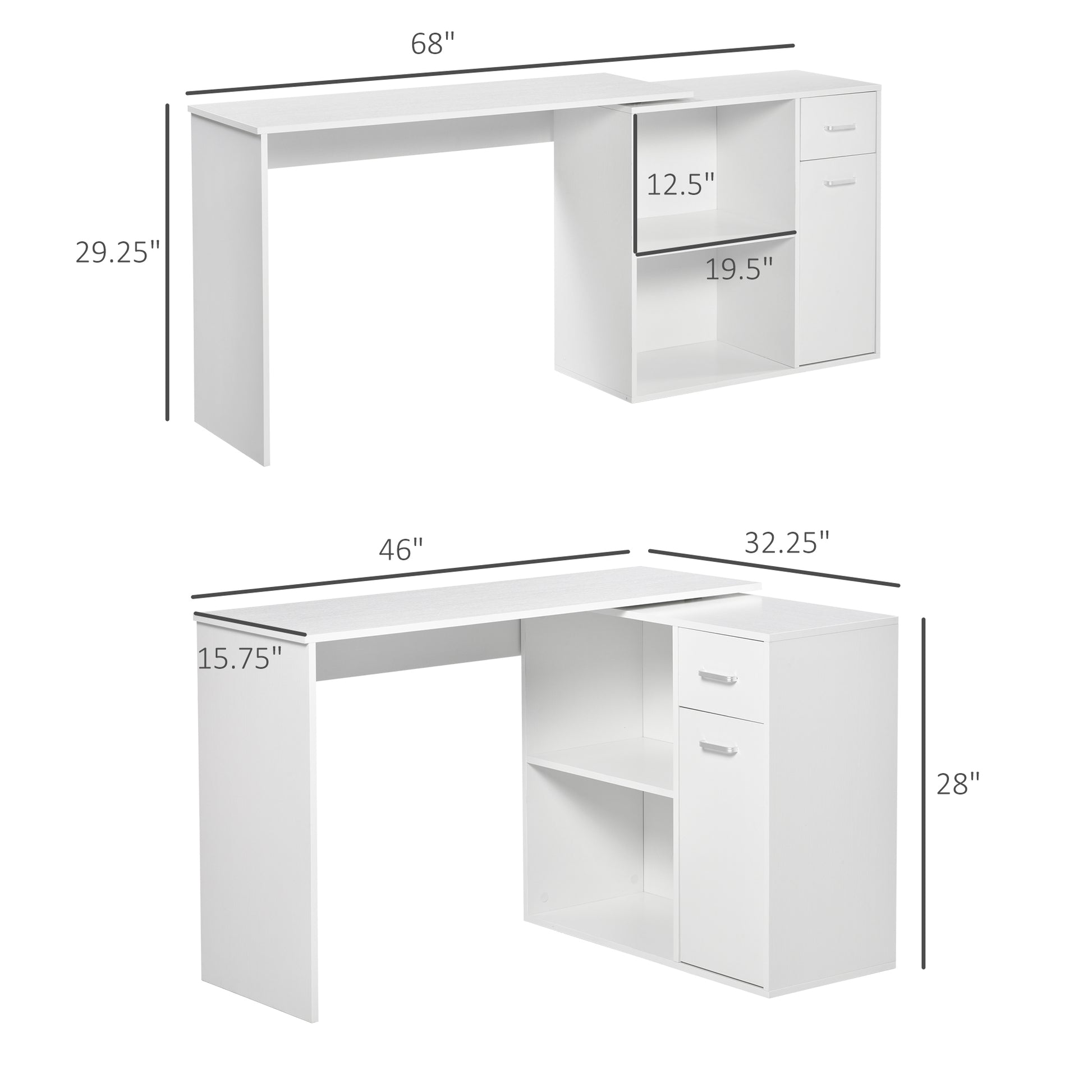 Homcom L Shaped Computer Desk, 180 Rotating Corner Desk With Storage Shelves, Drawer And Cabinet, Study Workstation For Home Office, White White Particle Board