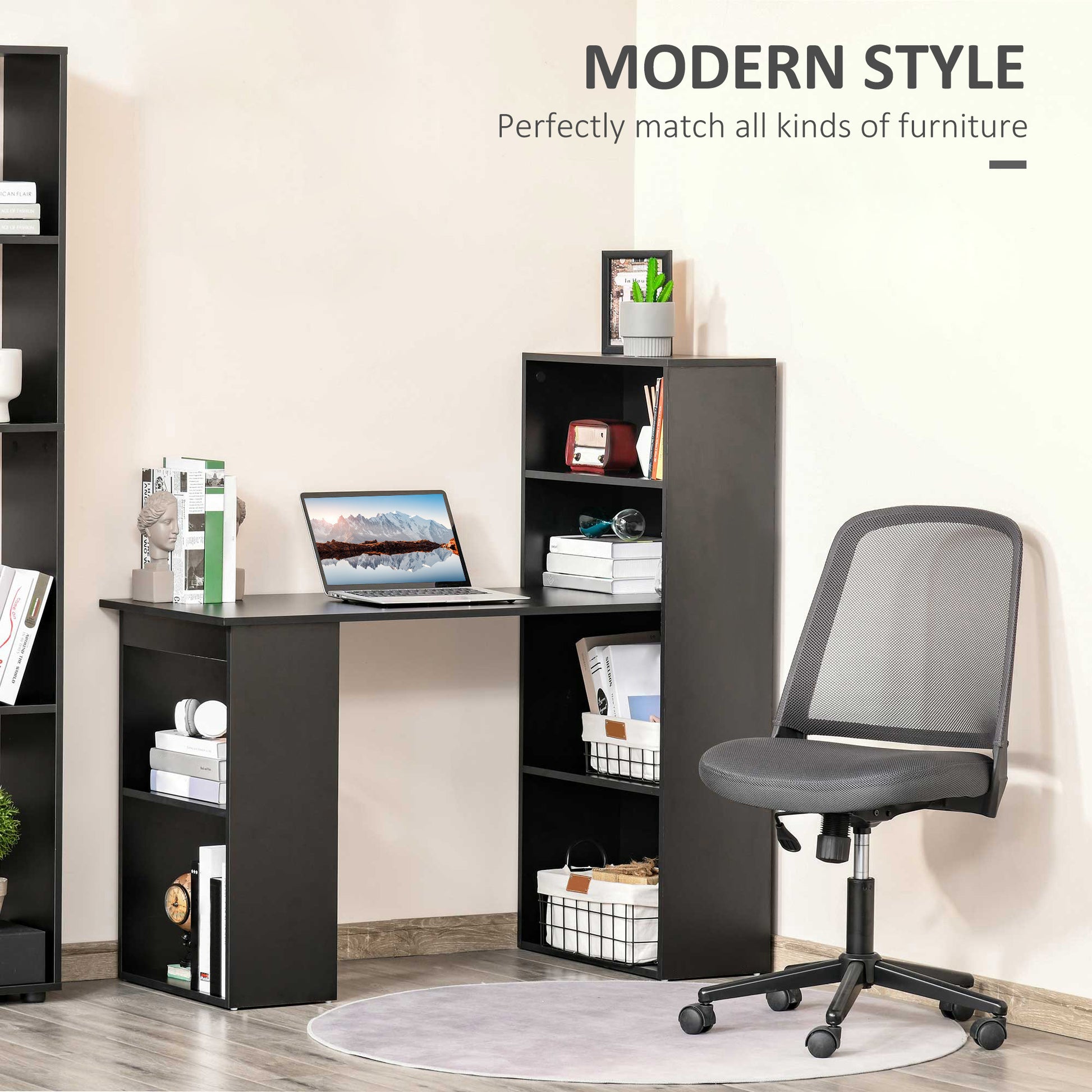 Homcom Modern Home Office Desk With 6 Tier Storage Shelves, 47" Writing Table With Bookshelf, Black Black Engineered Wood