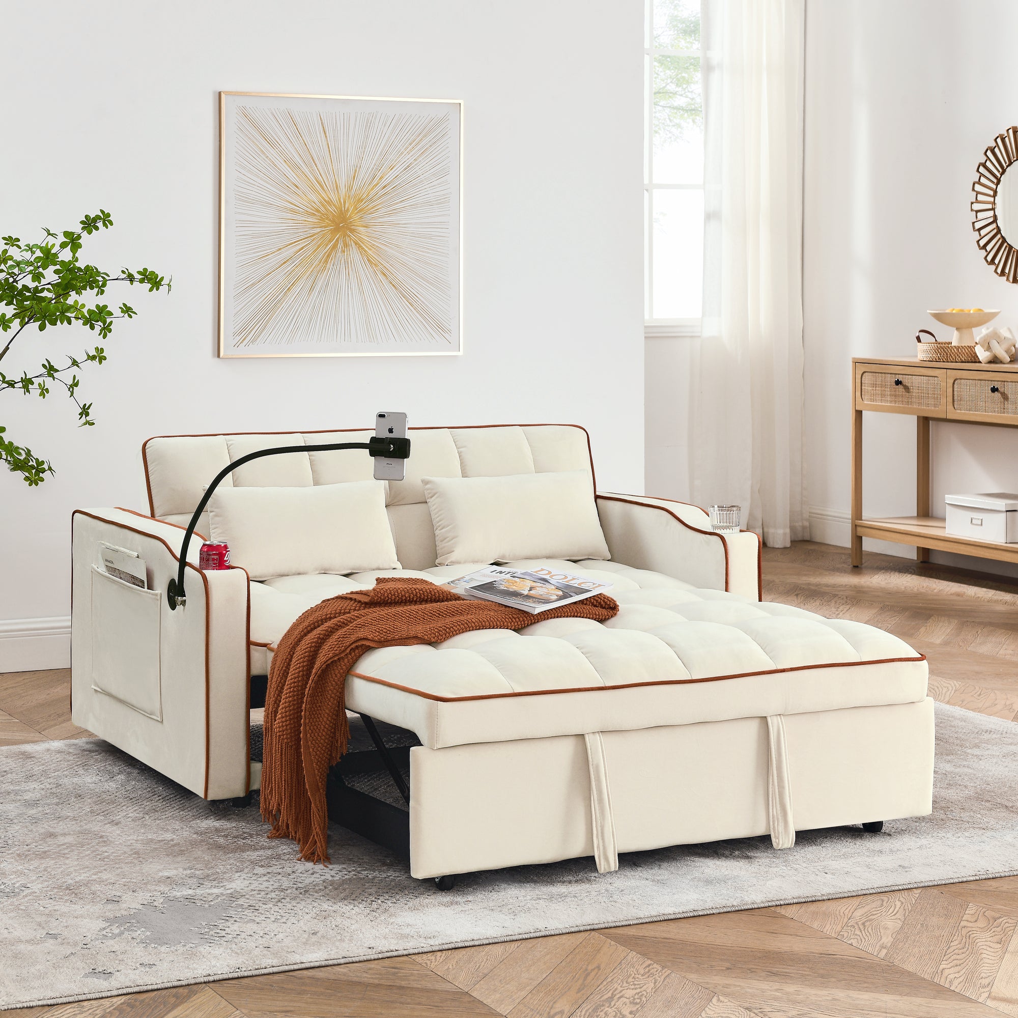 55.51 Inch Versatile Foldable Sofa Bed In 3 Lengths, Modern Sofa Sofa Sofa Velvet Pull Out Bed, Adjustable Back And With Usb Port And Ashtray And Swivel Phone Stand Beige Beige Velvet Wood Primary Living Space Medium Soft Cushion Back Delicate Duty