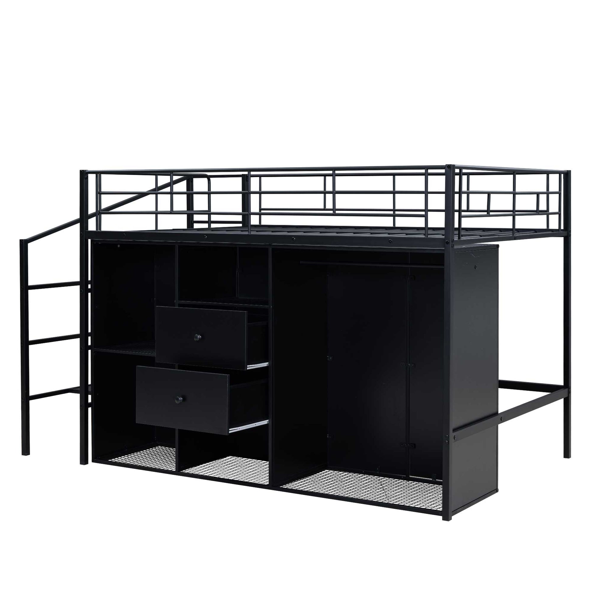 Full Size Metal Loft Bed With Drawers, Storage Staircase And Small Wardrobe Full Black Mdf Metal