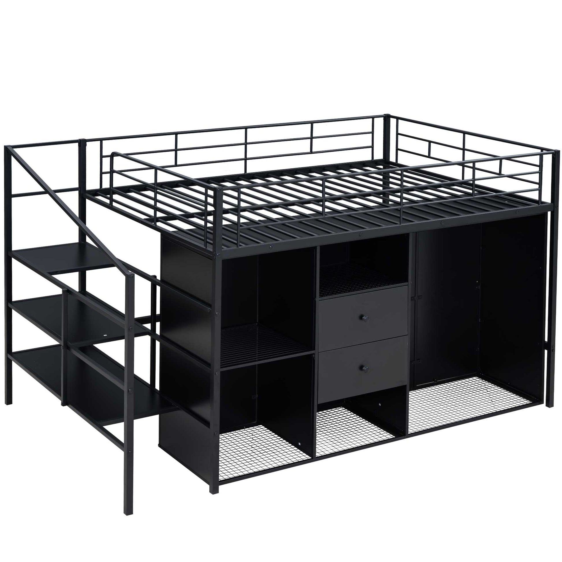 Full Size Metal Loft Bed With Drawers, Storage Staircase And Small Wardrobe Full Black Mdf Metal