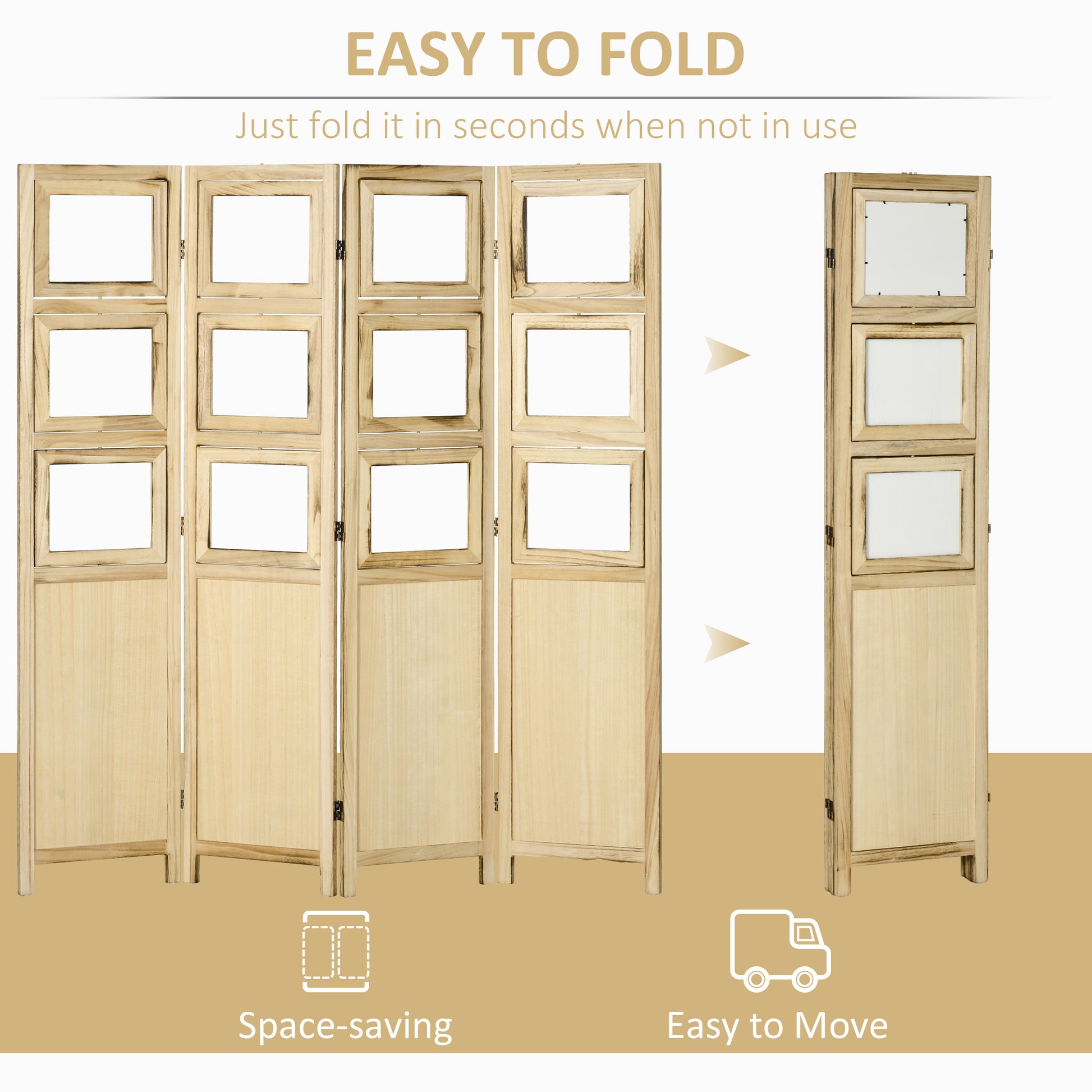 Homcom 4 Panel Room Divider, 5.6' Indoor Wood Portable Folding Privacy Screens With Photo Frames And Cardstocks, Hinged Freestanding Partition Wall Dividers For Home Office, Natural Natural Wood