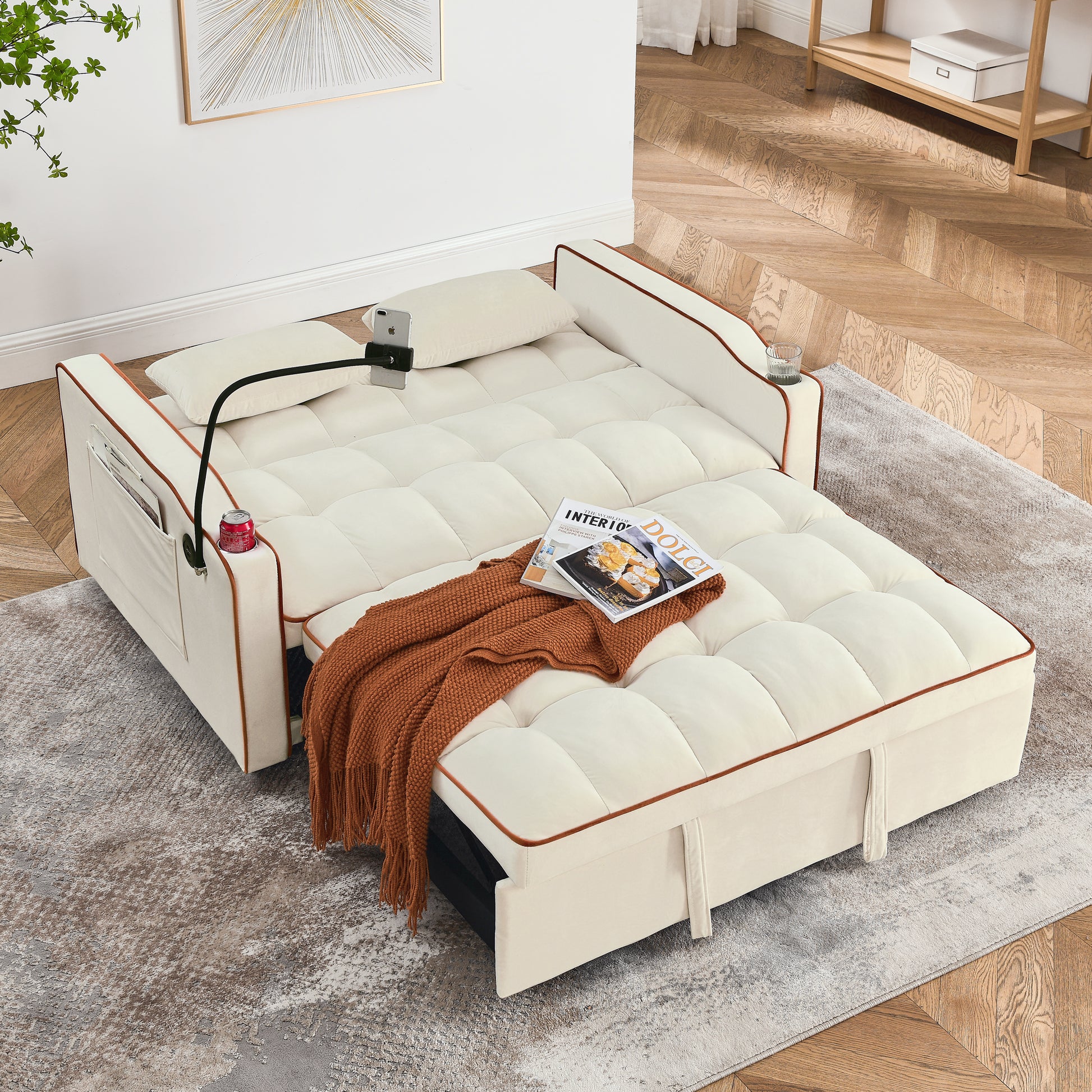 55.51 Inch Versatile Foldable Sofa Bed In 3 Lengths, Modern Sofa Sofa Sofa Velvet Pull Out Bed, Adjustable Back And With Usb Port And Ashtray And Swivel Phone Stand Beige Beige Velvet Wood Primary Living Space Medium Soft Cushion Back Delicate Duty