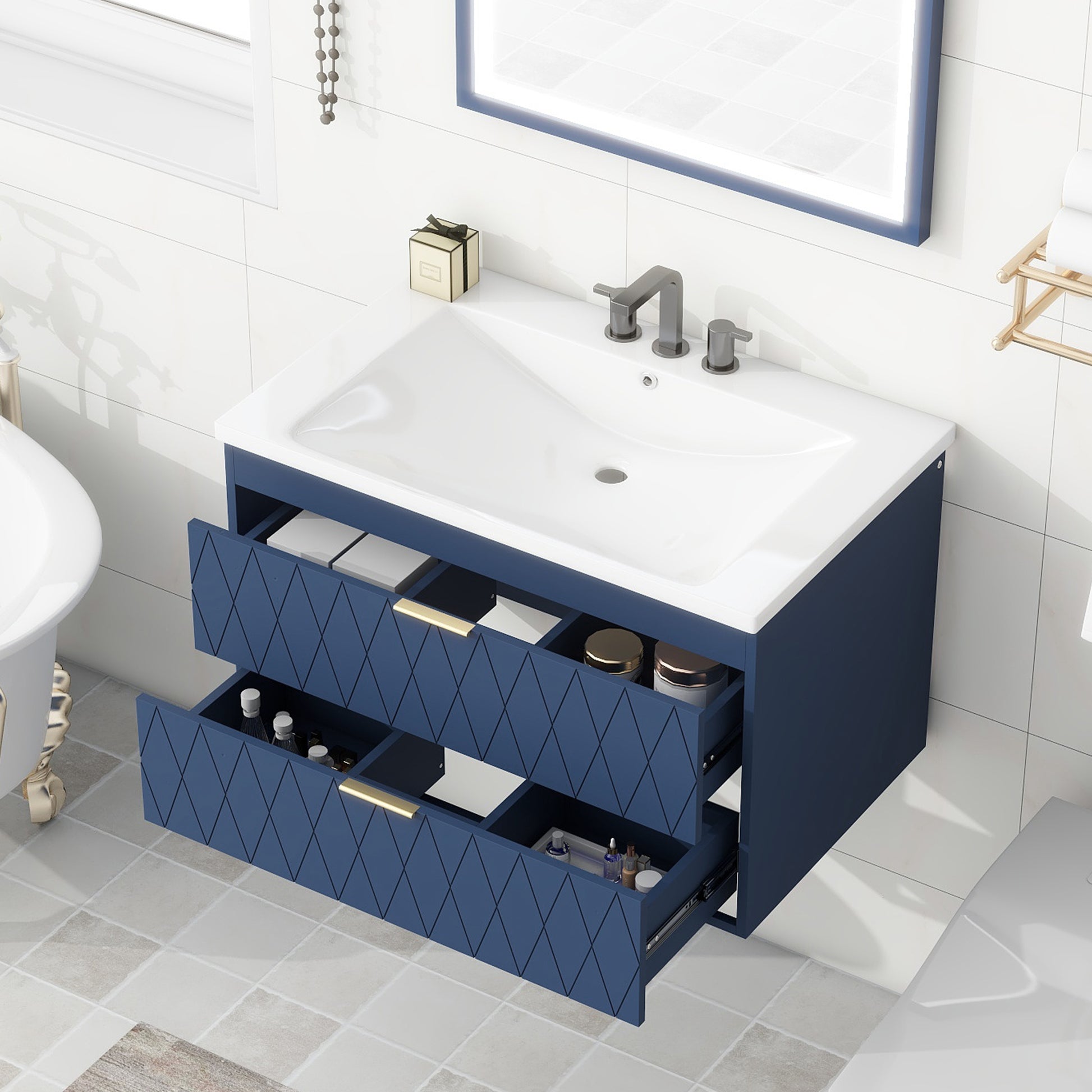 30'' Wall Mounted Bathroom Vanity With Resin Sink,Floating Bathroom Storage Cabinet With 2 Drawers, Solid Wood Bathroom Cabinet 2 Navy Blue Stain Resistant Bathroom Wall Mounted Solid Wood Mdf Resin Painted