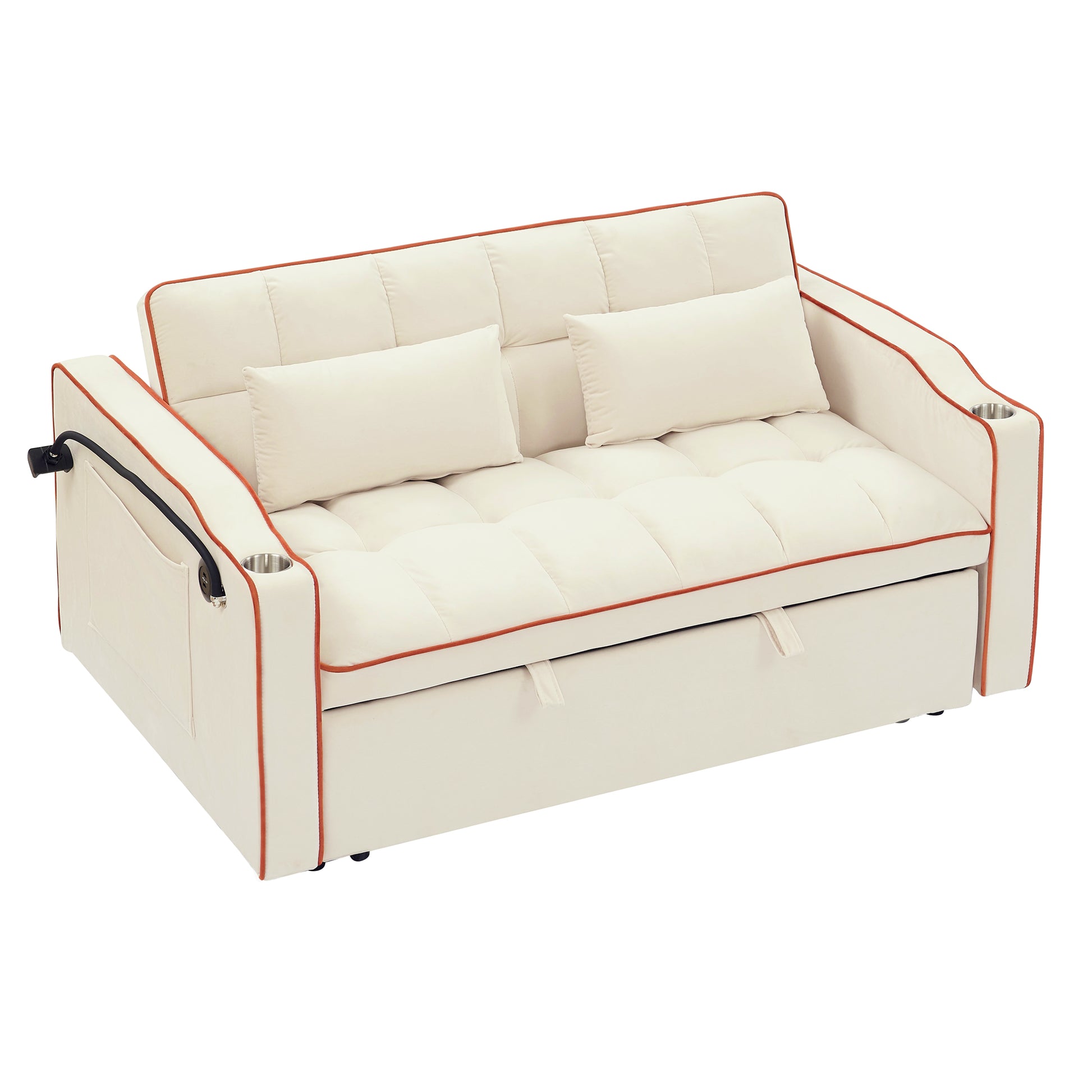 55.51 Inch Versatile Foldable Sofa Bed In 3 Lengths, Modern Sofa Sofa Sofa Velvet Pull Out Bed, Adjustable Back And With Usb Port And Ashtray And Swivel Phone Stand Beige Beige Velvet Wood Primary Living Space Medium Soft Cushion Back Delicate Duty