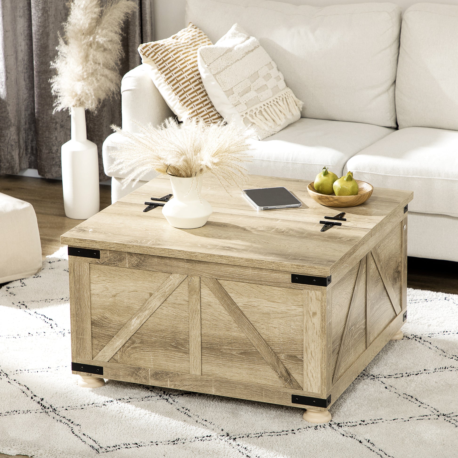 Homcom Farmhouse Coffee Table With Storage, Square Coffee Table For Living Room, Wooden Center Table With Hinged Lift Top And Hidden Space, Oak Natural Particle Board